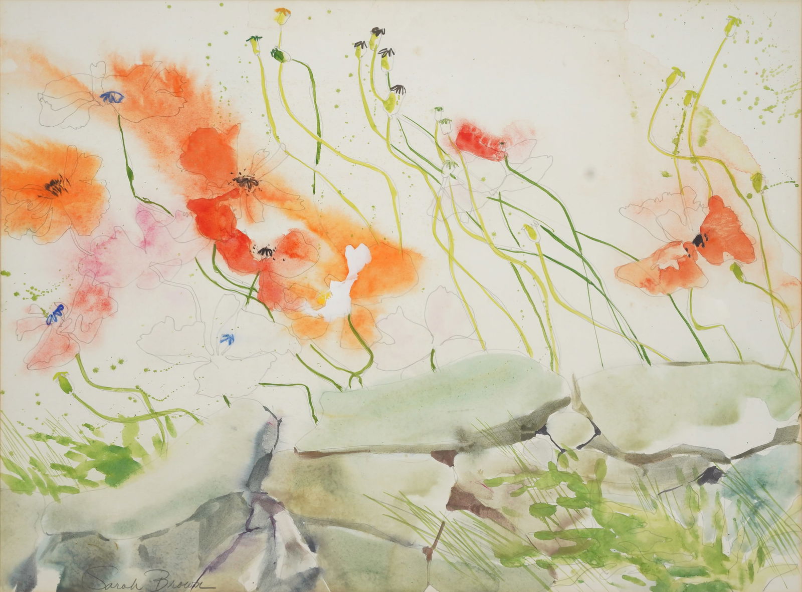 Sarah Brown STONEWALL & POPPIES Floral Watercolor Framed Painting (1 of 7)