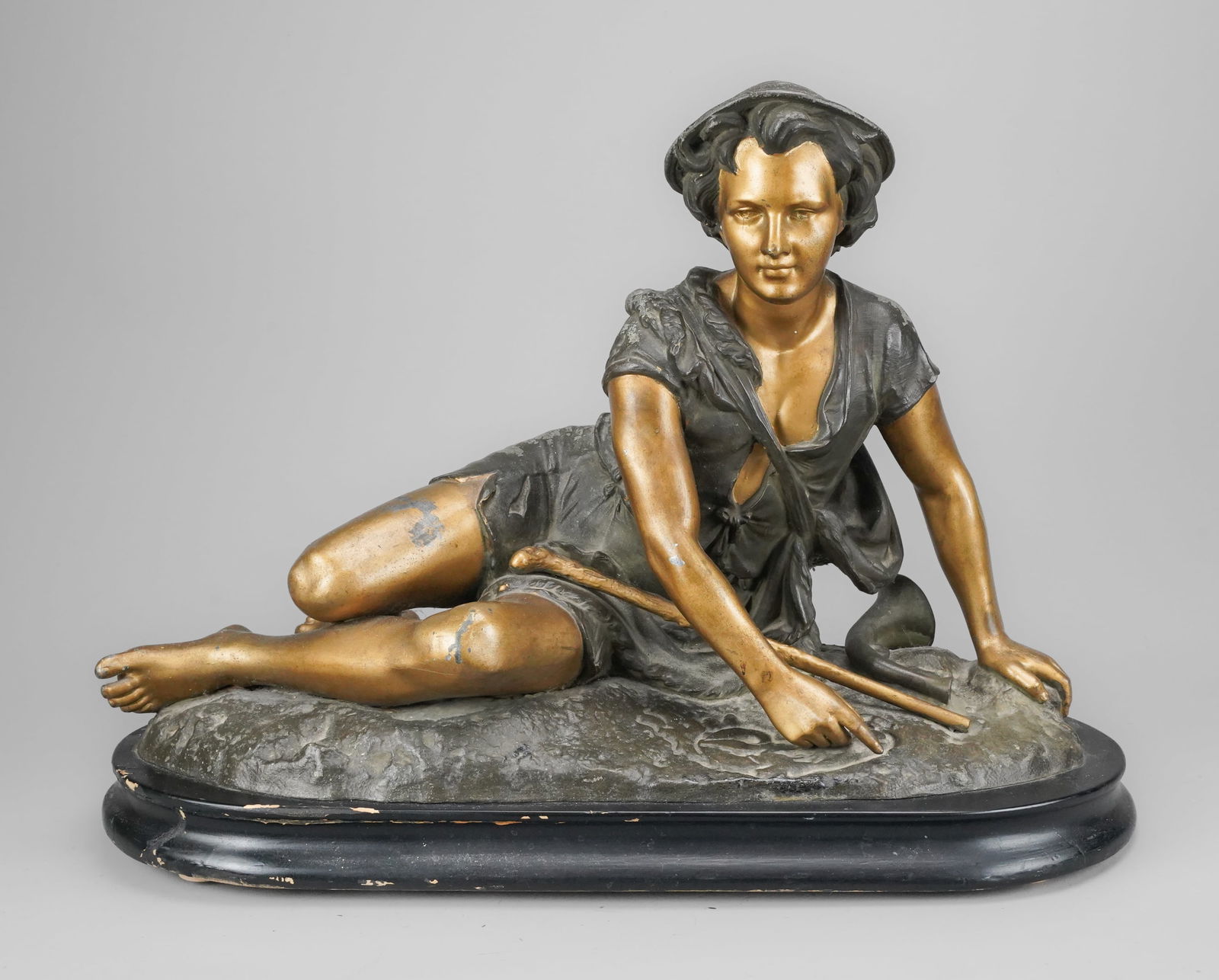Antique Spelter Paint Decorated Metal Reclining Boy Statue on Wood Base (1 of 9)