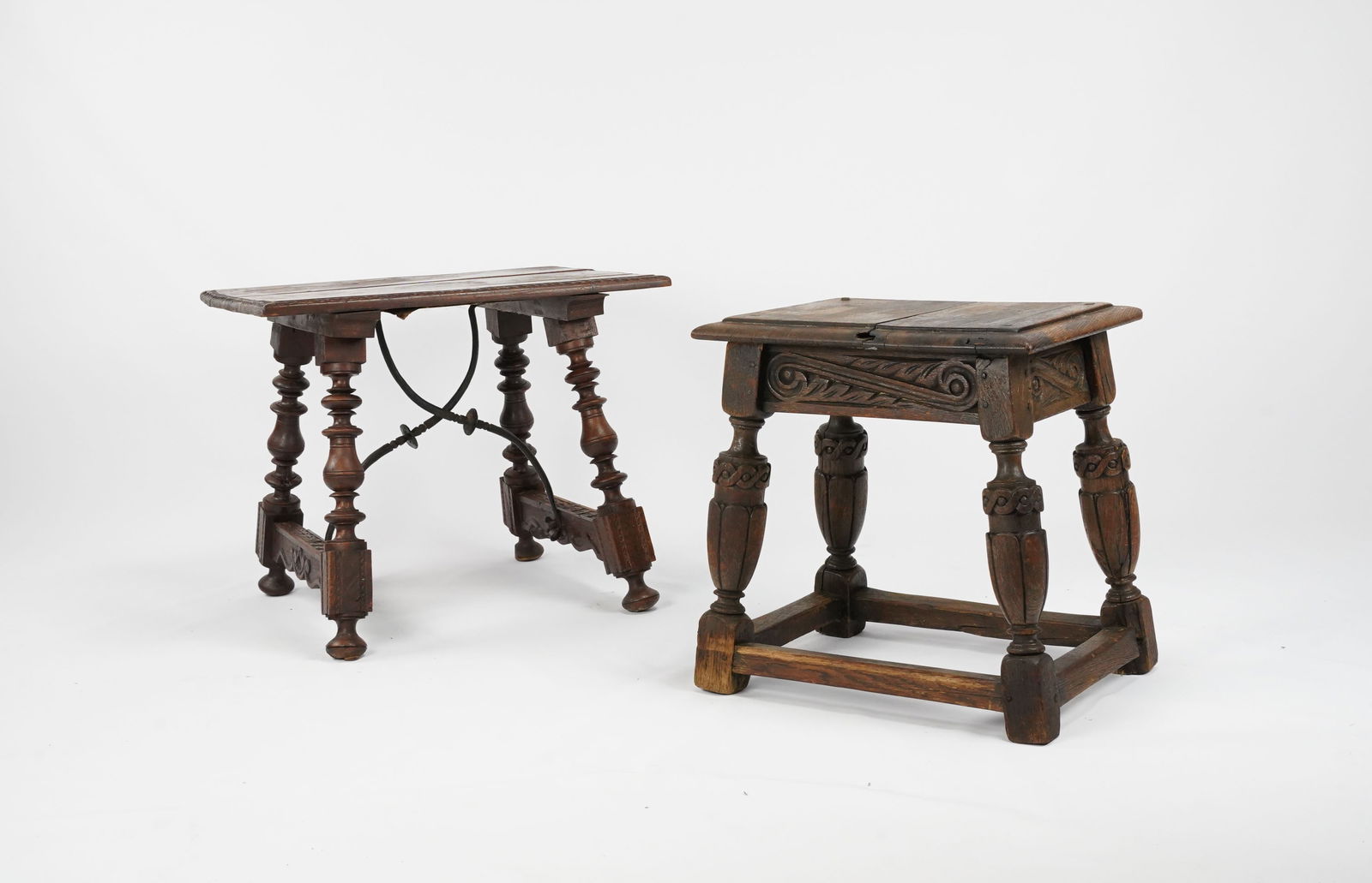 Two Small Antique Trestle Joint Stools w/Pinned Construction Carved Wood and Iron (1 of 16)