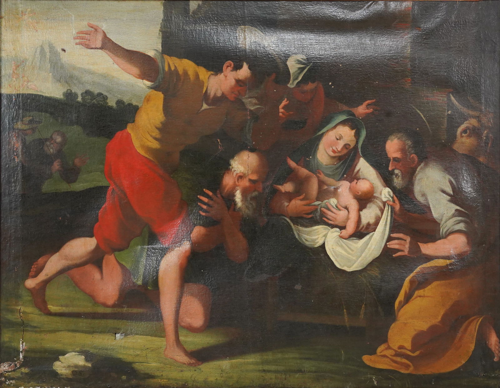 Large Italian School 16th/17thC Allegorical Oil on Wove Canvas Framed Antique Painting: Ca. mid to late 16th to early 17thC. Possibly earlier (according to the estate representative). Has crazing and paint loss, some rips, one repair seen from the back. The frame needs to be shored up a