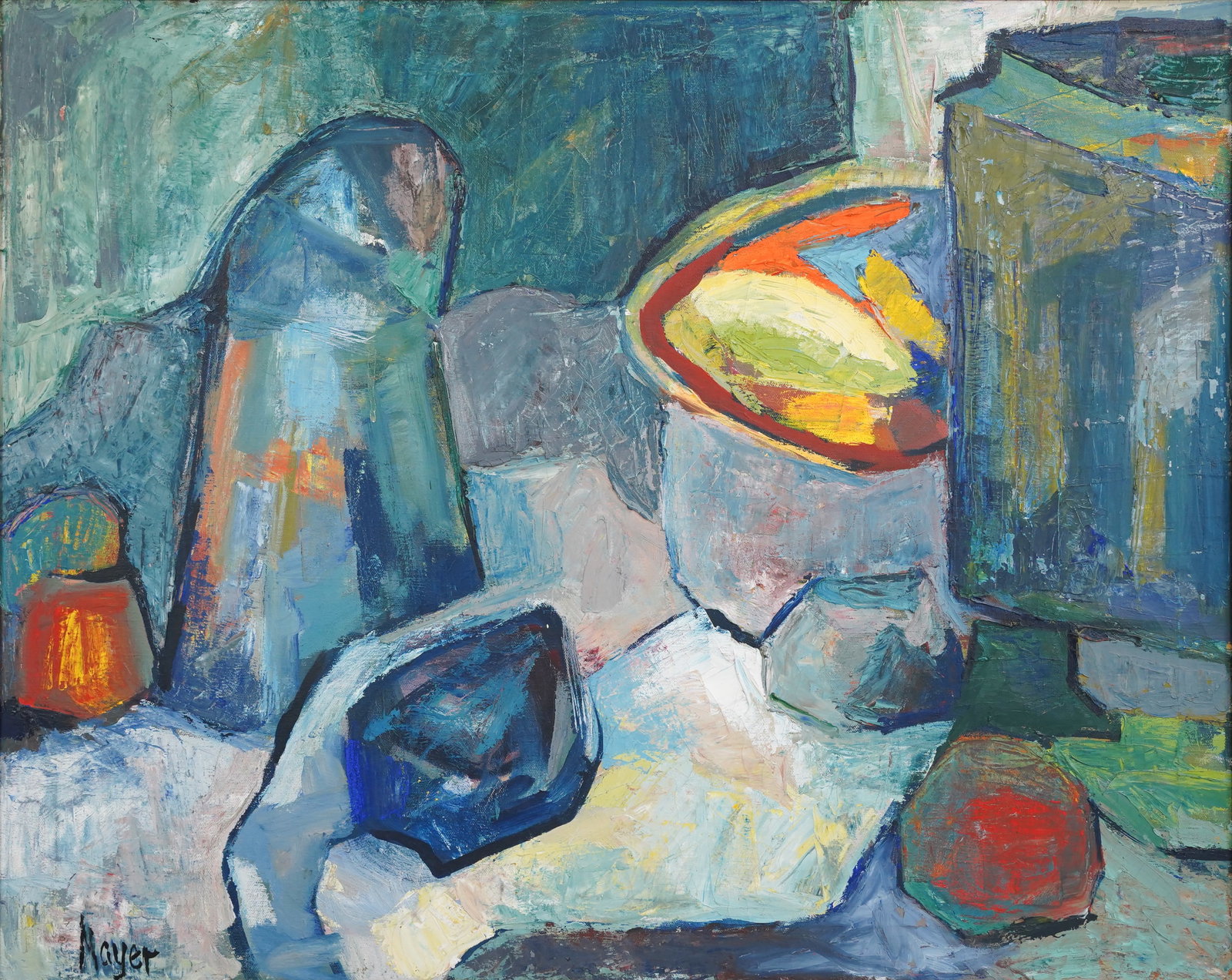 Sue Mayer Oil on Canvas Cubist Still Life: To be updated, Stretcher size approx. 24"h by 30"W.