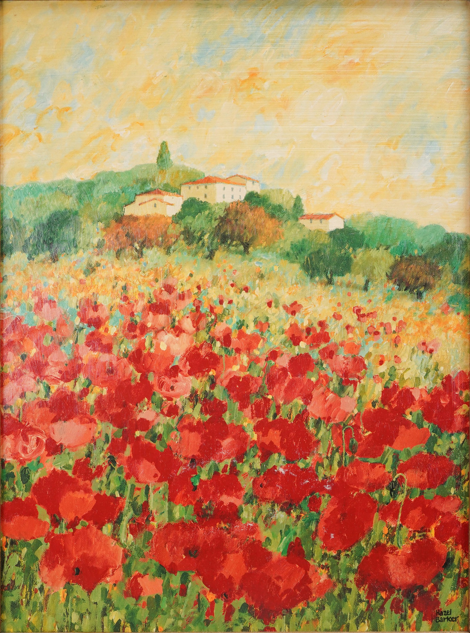 Hazel Barker Oil on Canvas Colorful French Countryside Floral Landscape Painting: Ca. last half 20thC. Very good with no rips, holes or repairs. Great color and composition. Sight Size Approx. 11 1/2"W by 15 1/2"H. Hazel Barker started her career at the age of eleven, when she won 