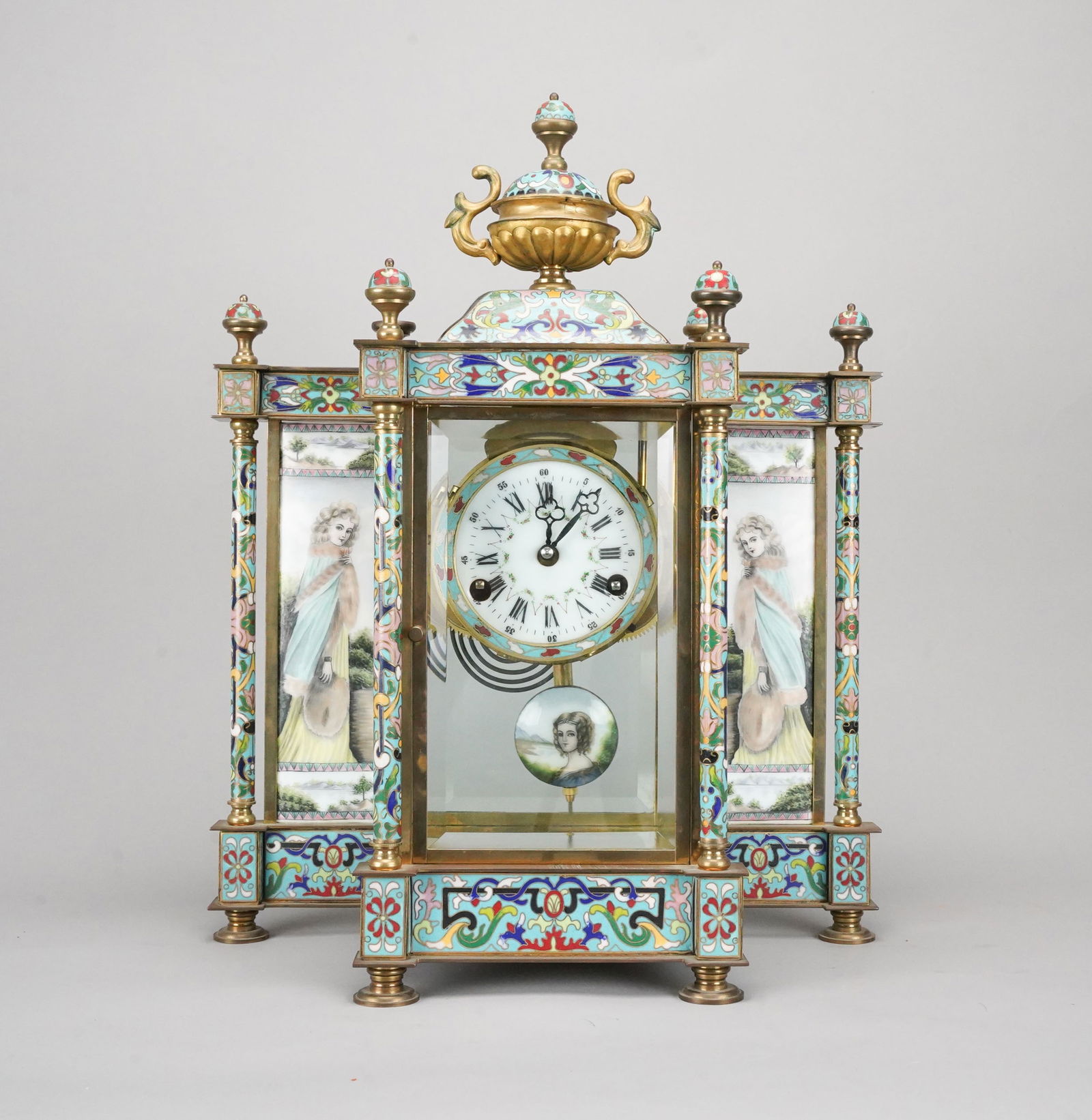 Antique French Brass & Cloisonné Mantel Clock w/ Hand-Painted Enamel (1 of 8)