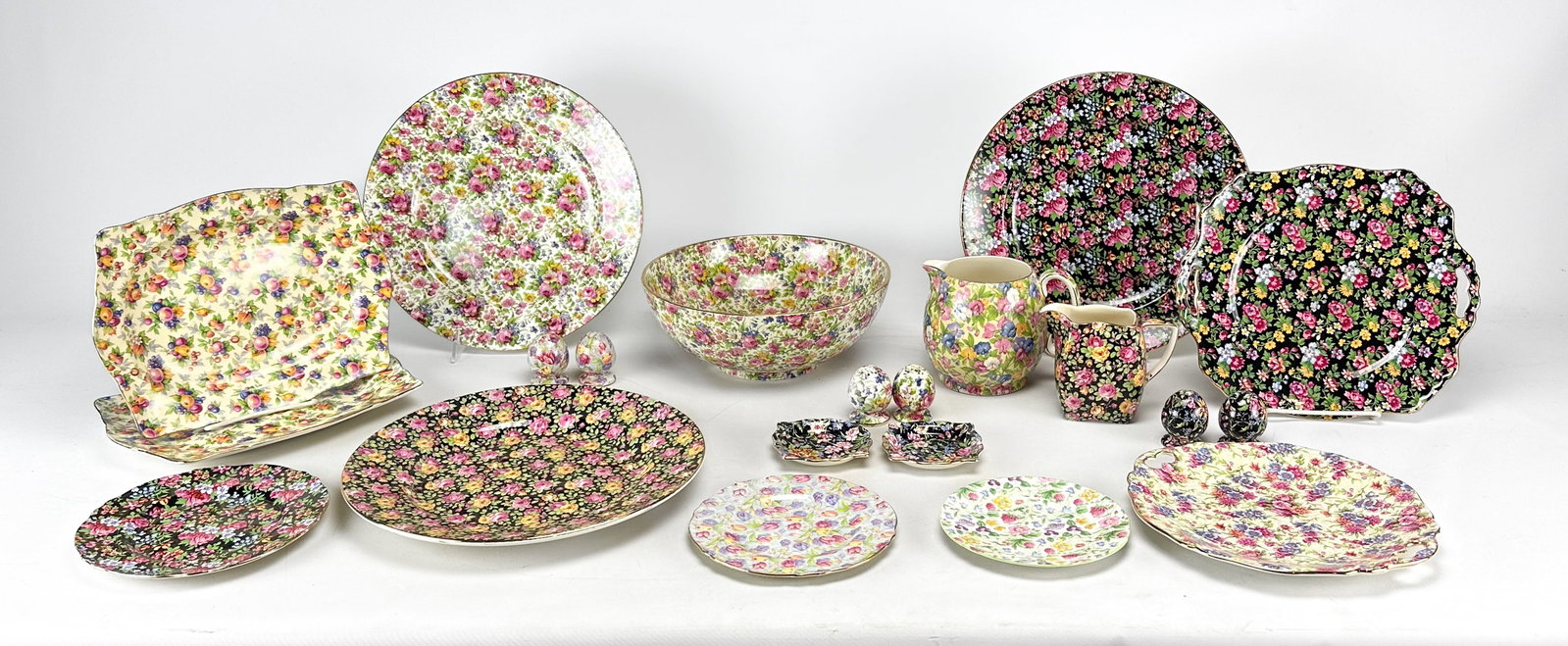 Royal Winton Chintz Porcelain Pottery Collection: To be updated. Largest plate measures approx. 12 1/2" diameter. Largest bowl measures approx. 10 1/2" diameter. Salt and Pepper shakers measure approx. 2 1/4"H by 1 3/4"W.