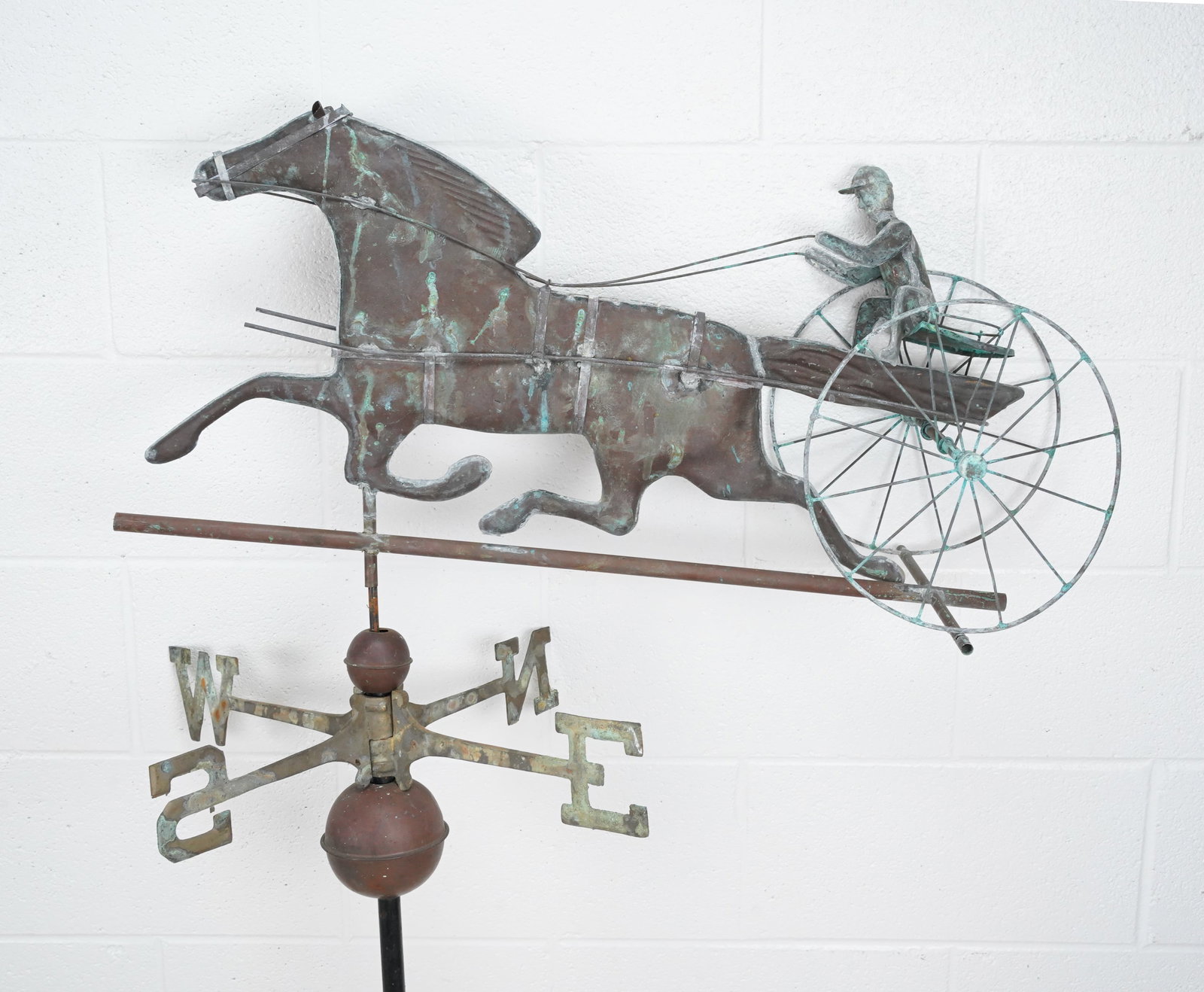 Antique Copper Verdigris Hollow Body Sulky & Horse Weathervane w/Directionals (1 of 7)