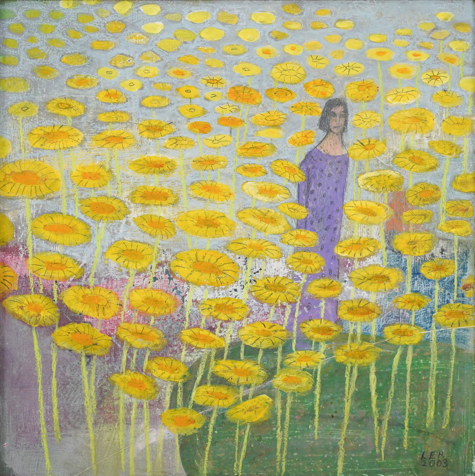 Lucy Raverat Oil on Canvas Framed Painting FIGURE IN SUNFLOWERS: Ca. 20thC. Excellent with no rips, holes or repairs. Signed and dated (2003) lower right. Stretcher size approx. 16" x 16". Lucy Raverat (née Pryor; born 1948) is the professional name used by Lucy E