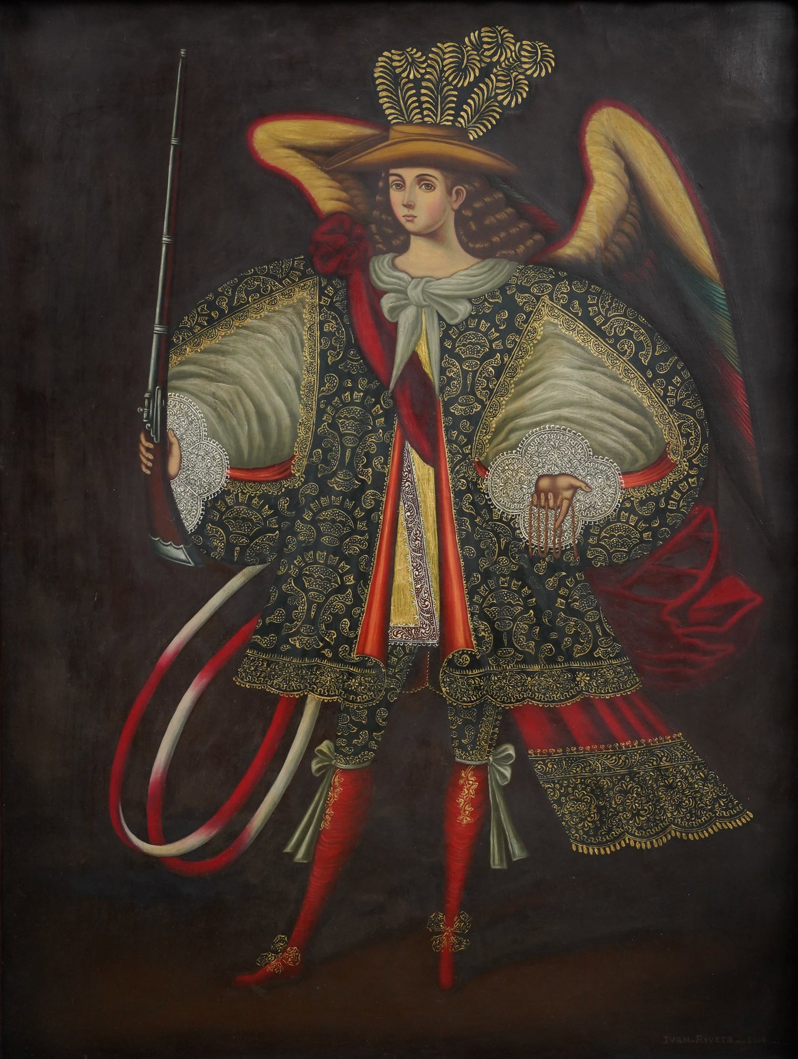 Ivan Rivera ANGEL ARCABUCERO Cuzco Style Oil on Canvas Painting Spanish Colonial: Signed "Ivan Rivera 2004" lower right. excellent with no rips, holes or repairs. Very intricately detailed image throughout. The frame is hand carved, with the outer measurement size stated below. The
