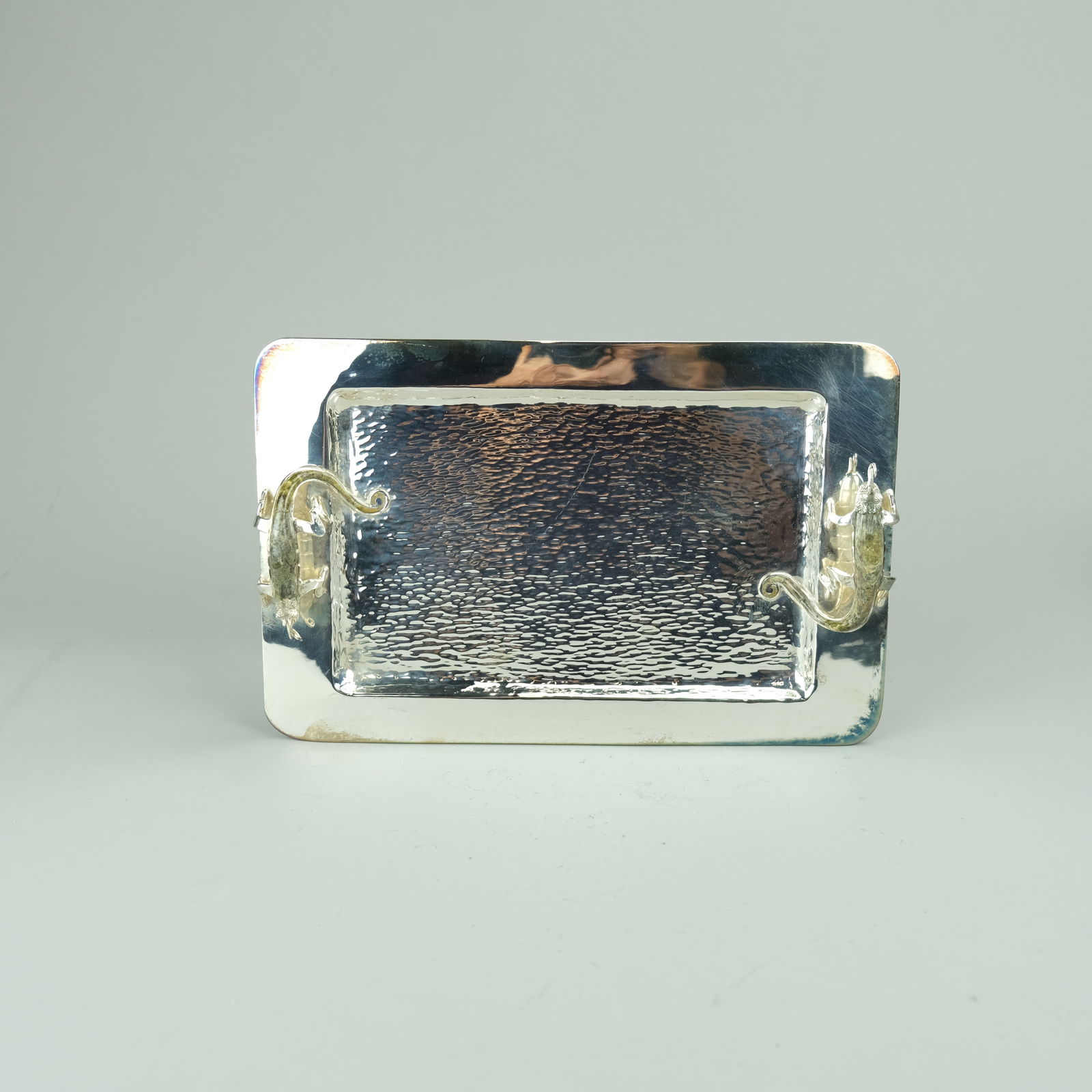 Wolmar Castillo Mexican Hand-Hammered Silverplate Serving Tray w/Chameleon Hard Stone Handles (1 of 10)