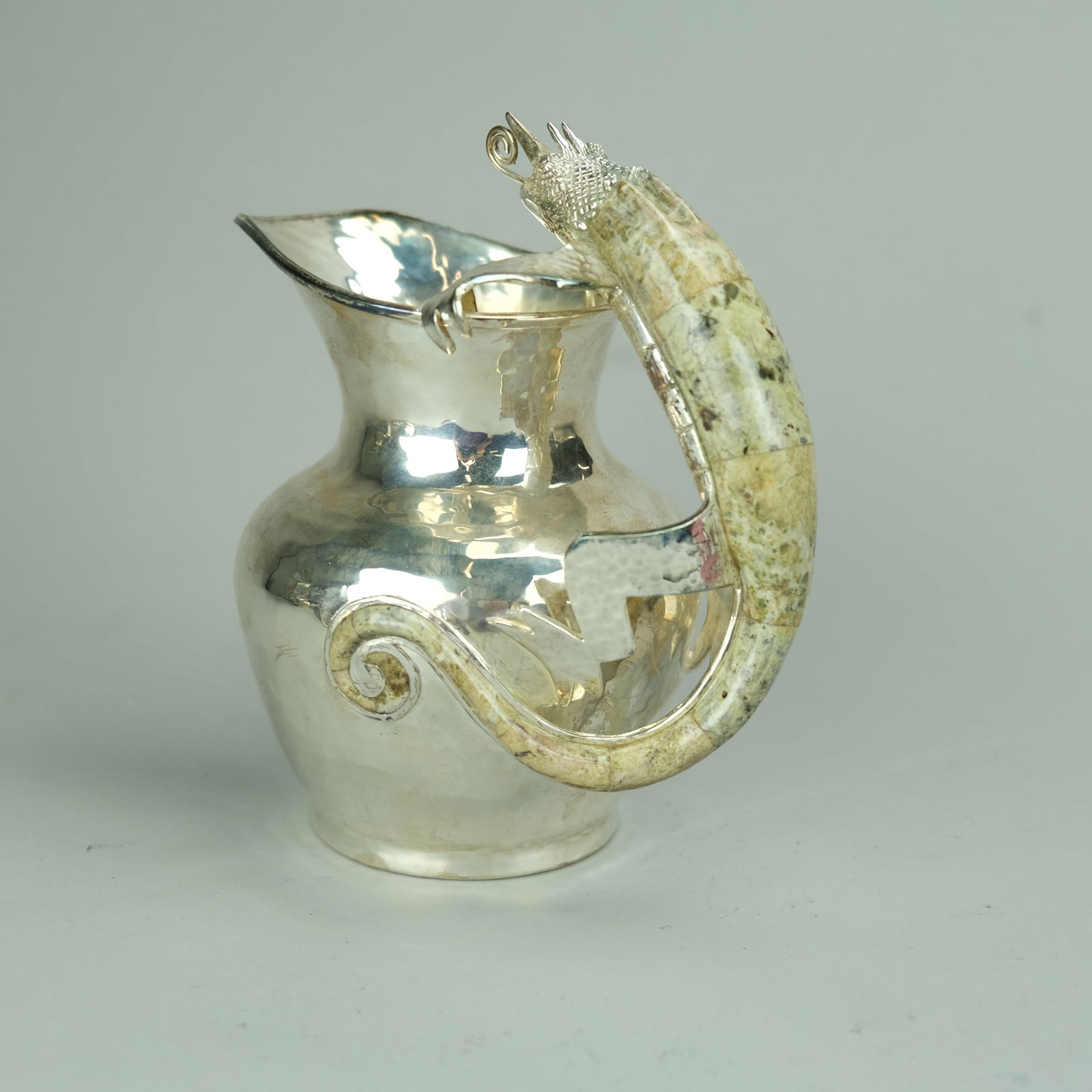 Wolmar Castillo Mexican Hand-Hammered Silverplate Water Pitcher w/Chameleon Hard Stone Handles (1 of 8)