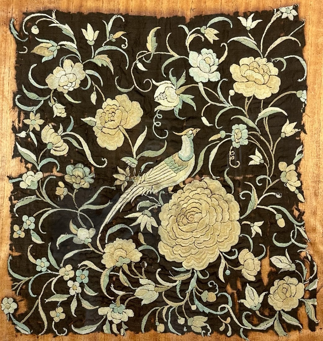 Antique Chinese Mounted Silk Fragment Framed Fabric Pheasant on Flowers Textile Embroidery (1 of 4)