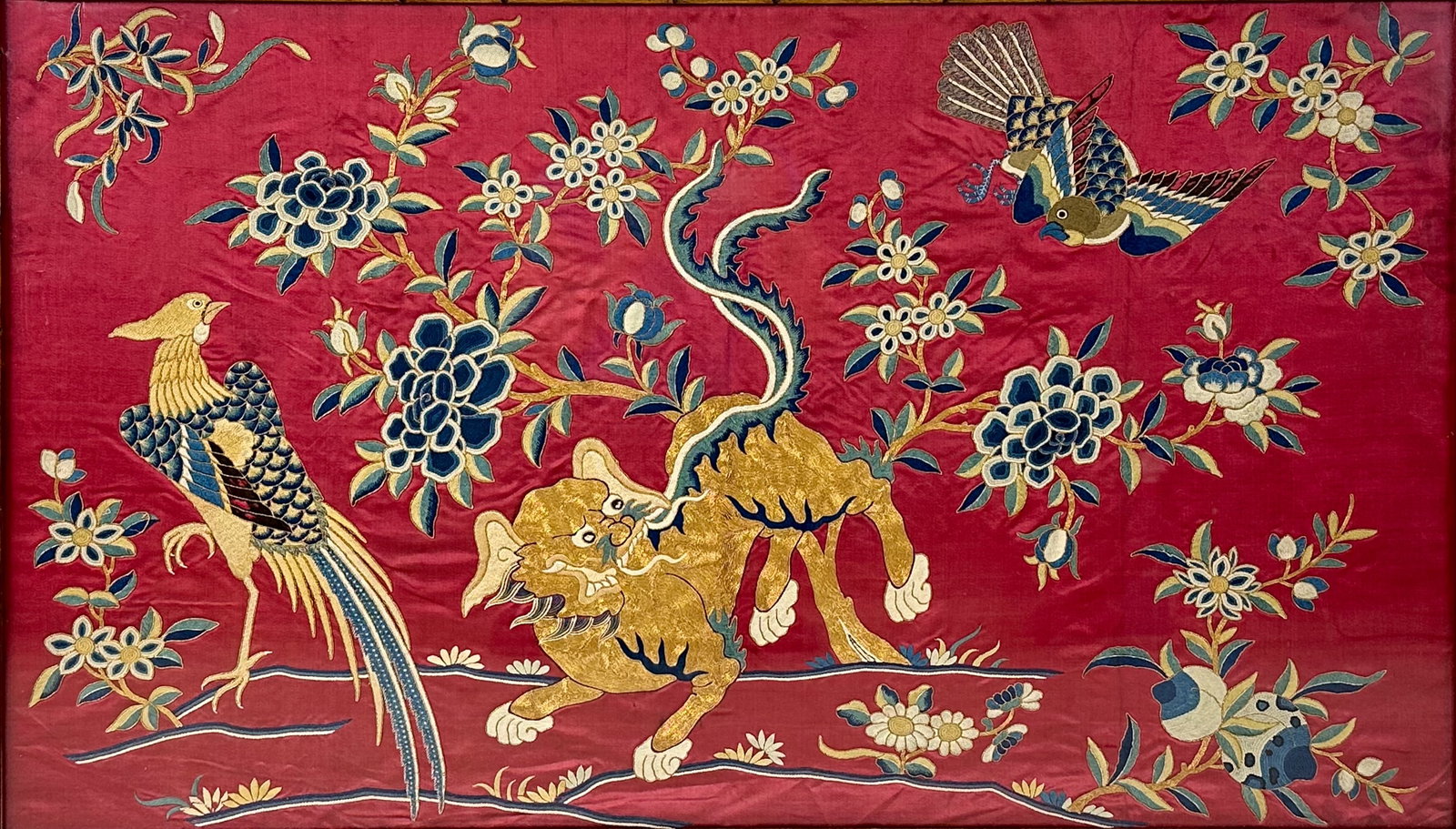 Framed Antique 19thC Chinese Red Silk Embroidery Tapestry Panel (1 of 7)