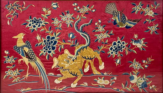 Framed Antique 19thC Chinese Red Silk Embroidery Tapestry Panel: Approx. sight size 34 3/4" x 19 3/4". Good age-appropriate condition. Framed and sealed. Unexamined out of frame. We Do Not Provide In-House Shipping!Please reach out to one of our preferred