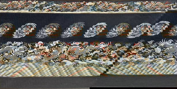 Large Framed Antique Chinese Silk Metallic Thread Embroidery Metallic Dragon Panel: Large antique Chinese silk embroidery metallic thread panel. Framed, matted, and sealed under plexi. Sight size approx. 18 3/4" x 42 1/2". Good age-appropriate condition as shown. We Do Not Provide