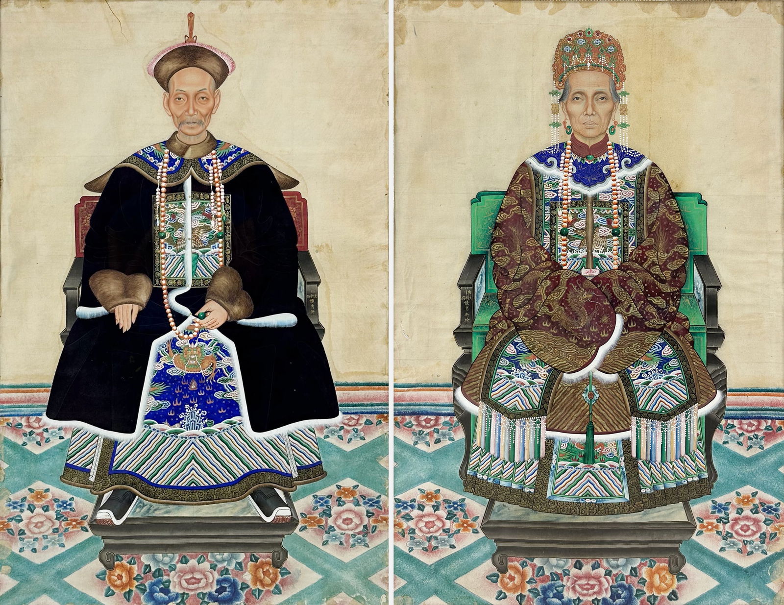 Pair Large Antique Chinese Qing Ancestor Portrait Framed Paintings (1 of 12)