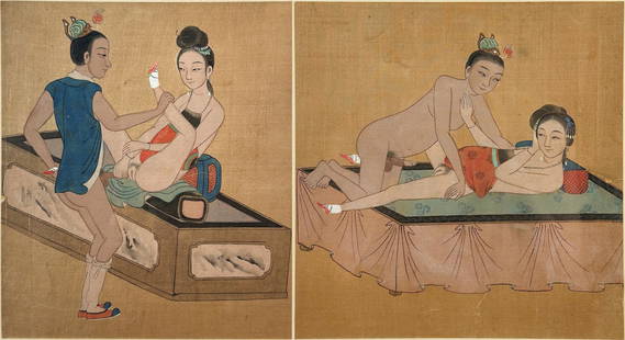 Two Antique 18thC Chinese Bound Feet Erotic Silk Painting PAIR: Two antique Chinese erotic scenes on silk framed paintings. One slighly wider than the other. Ca. mid 18th to very early 19thC. Approx. silk size 8" x 7 1/2". Good age-appropraite condition, with
