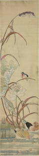 Antique Chinese Asian Waterfowl and Iris Silk Embroidery Panel Framed: Approx. image size 45" x 11 1/4". Good age-appropriate condition condition with shown discoloration. Crack lower right. We Do Not Provide In-House Shipping!Please reach out to one of our preferred