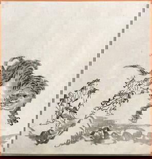 Antique Chinese Tiger Silk Framed Painting: Apparently unsigned. Float-mounted, sealed under glass. Fine sight condition as shown, with age-appropriate wear, creasing. Approx. painting size 10 3/4" x 10 1/8". We Do Not Provide In-House