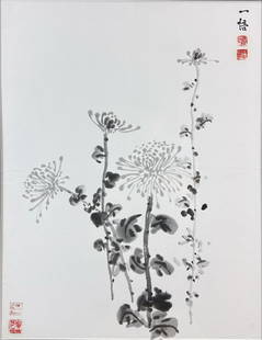 Fine Chinese Artist Signed Floral Chrysanthenun Framed Watercolor Painting: Approx. sight size 22 1/2" x 17 1/2". Framed, triple matted, all sealed under glass. Unexamined out of frame. Good age-appropriate sight condition as shown. We Do Not Provide In-House