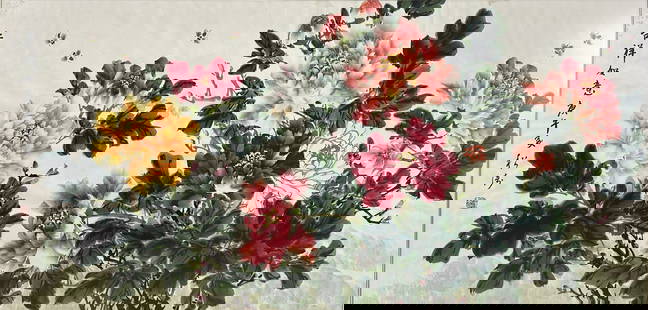 Large Signed Chinese Peonies Ink and Color Painting Framed: Chinese Peonies ink and color framed painting. Framed and sealed, unexamined out of frame. Approx. painting size 25 1/2" x 52 1/2". We Do Not Provide In-House Shipping!Please reach out to one of our