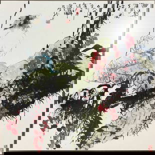 Contemporary Chinese Framed Watercolor Painting Artist Signed Wang Mingming: Approx. sight size 26 1/2" x 26 1/2". We Do Not Provide In-House Shipping!Please reach out to one of our preferred shippers listed below. Donald Camden UPS #4608 - store4608@theupsstore.com -