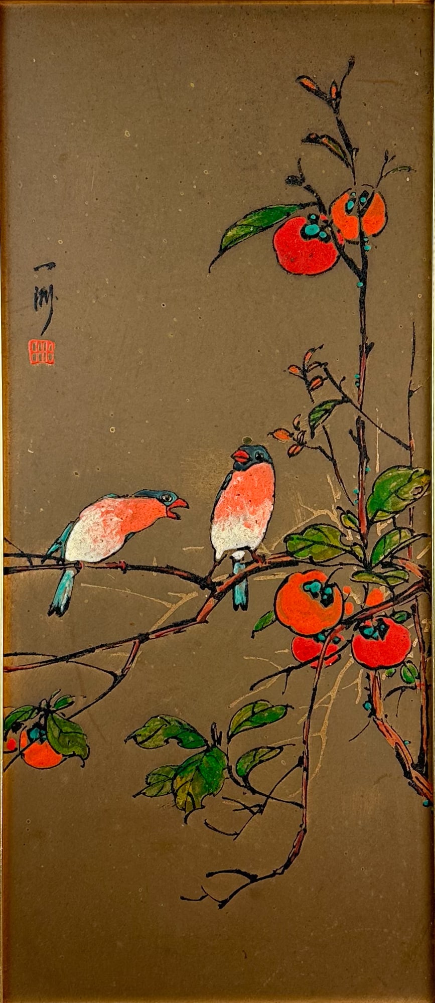 Japanese Birds in Persimmon Tree Enamel on Copper Framed Painting: Framed enamel painting on copper depicting a pair of blue birds with orange and white bellies resting on persimmon tree limbs. Fair to good condition, with some surface wear. We Do Not Provide In-Hous