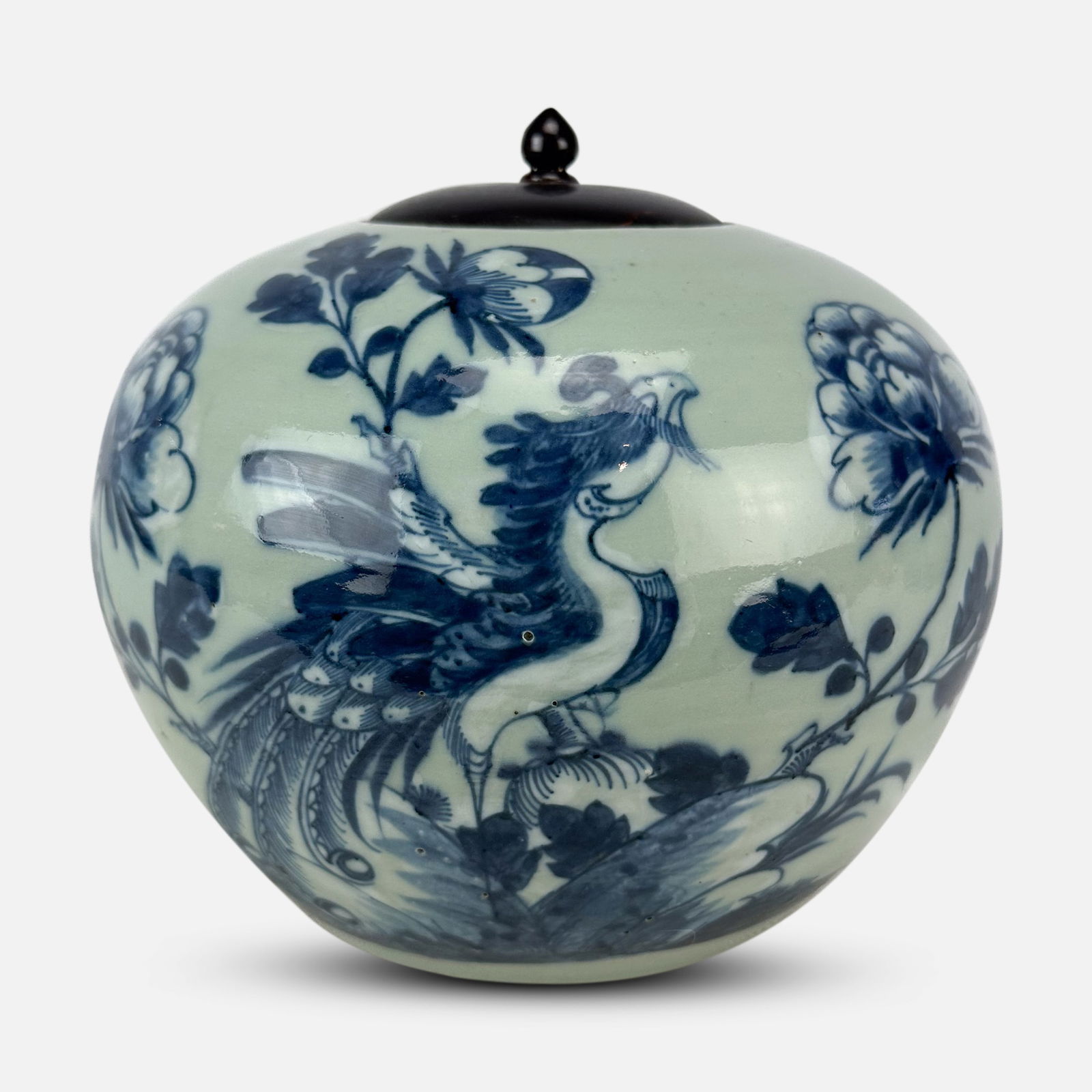 Antique Chinese Celadon Blue and White Peafowl Ginger Jar w/Lid (1 of 9)