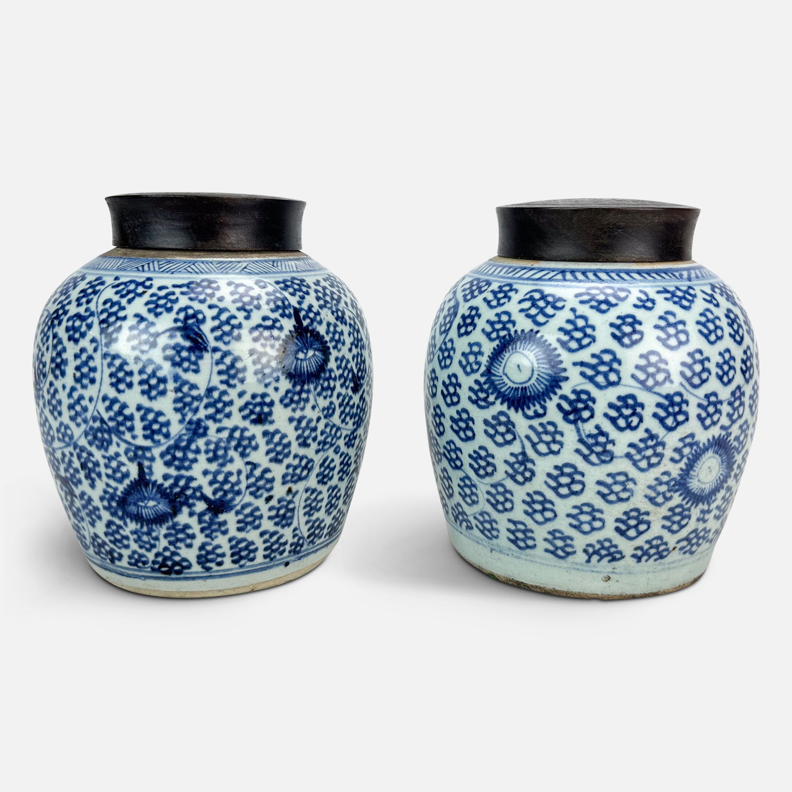 Two Antique Chinese Qing Blue and White Chrysanthemum Lidded Ginger Jars (1 of 10)