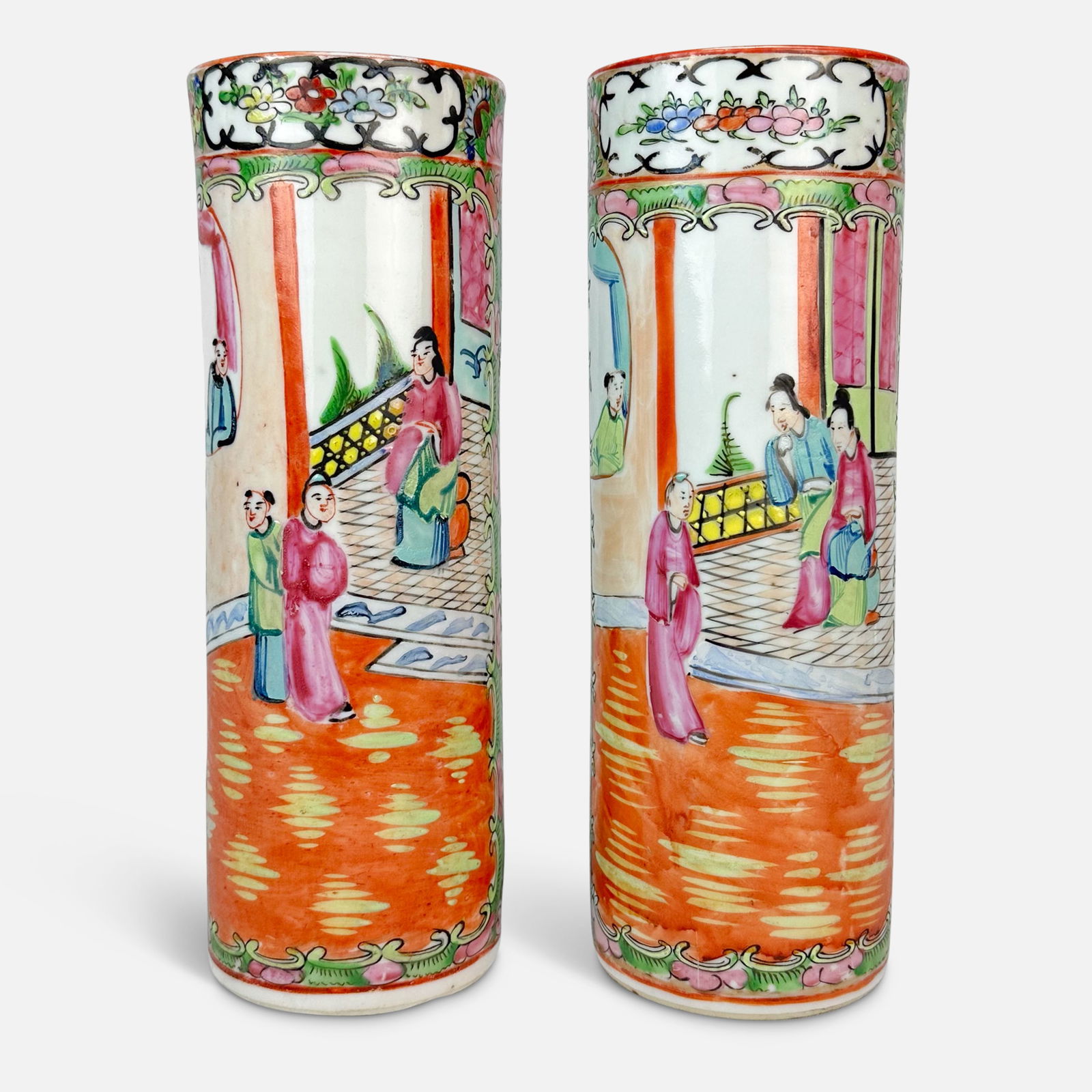Pair Early 20thC Chinese Export Rose Medallion Cylinder Vases (1 of 9)