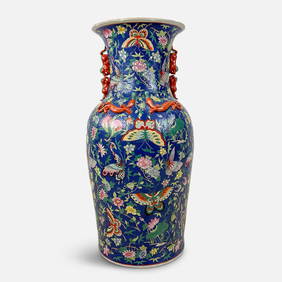 HUGE Antique Chinese Blue Famille Rose Porcelain Temple Vase w/Raised Salamander and Foo Dog Handles (1 of 11)