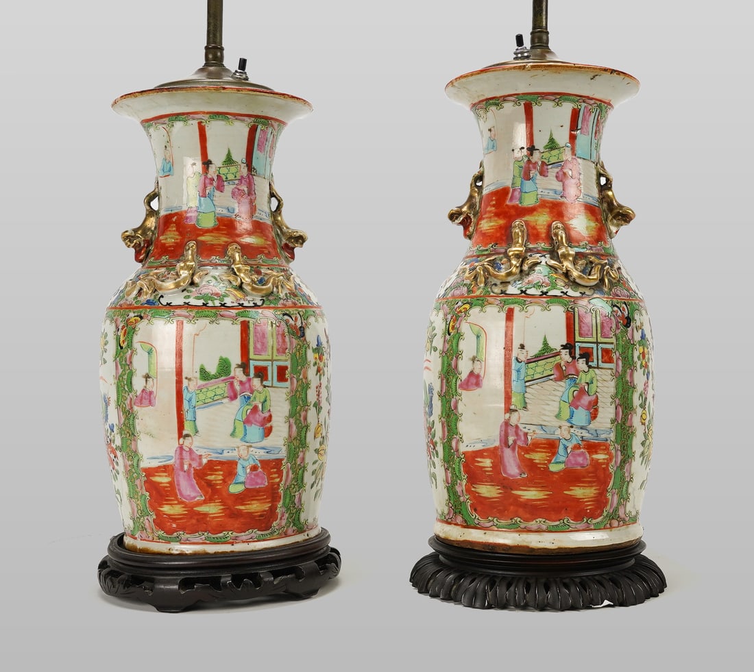 Pair Large Antique Chinese Export Rose Medallion Porcelain Lamps (1 of 17)