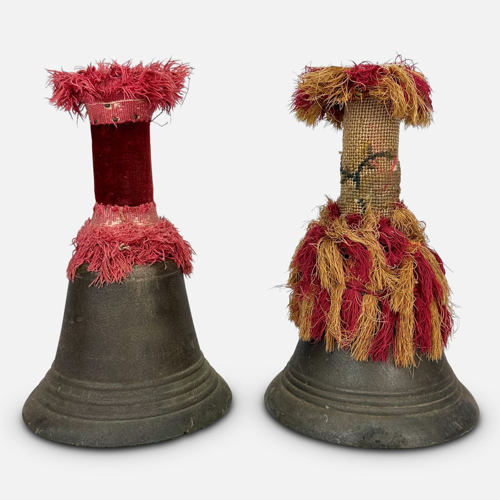 Two Large Antique Cast Bronze Tibetan Hand Bells w/Cloth Covered Handles (1 of 9)