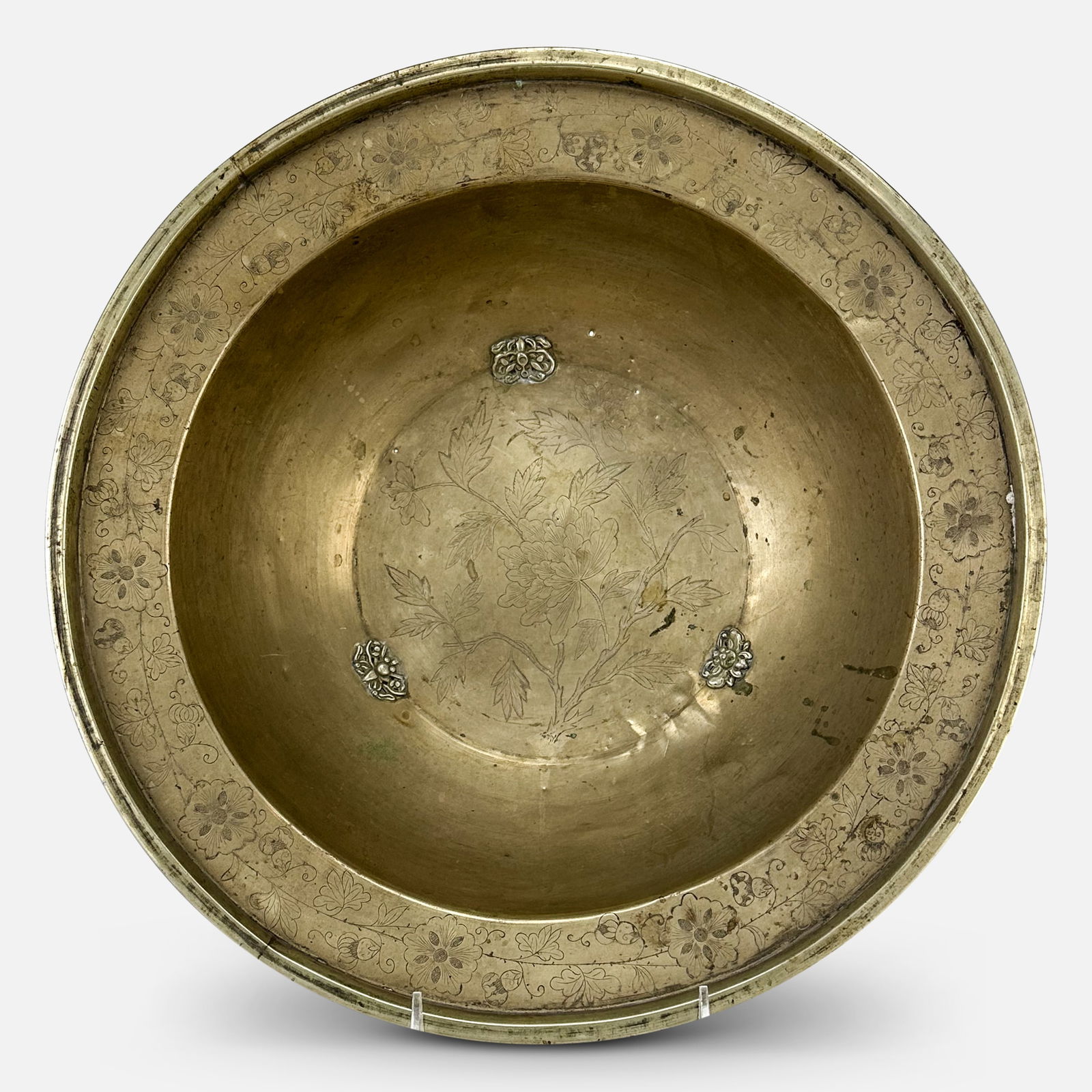 Antique Chinese Paktong Washing Basin Bowl Incised Design w/Applied Moths (1 of 9)