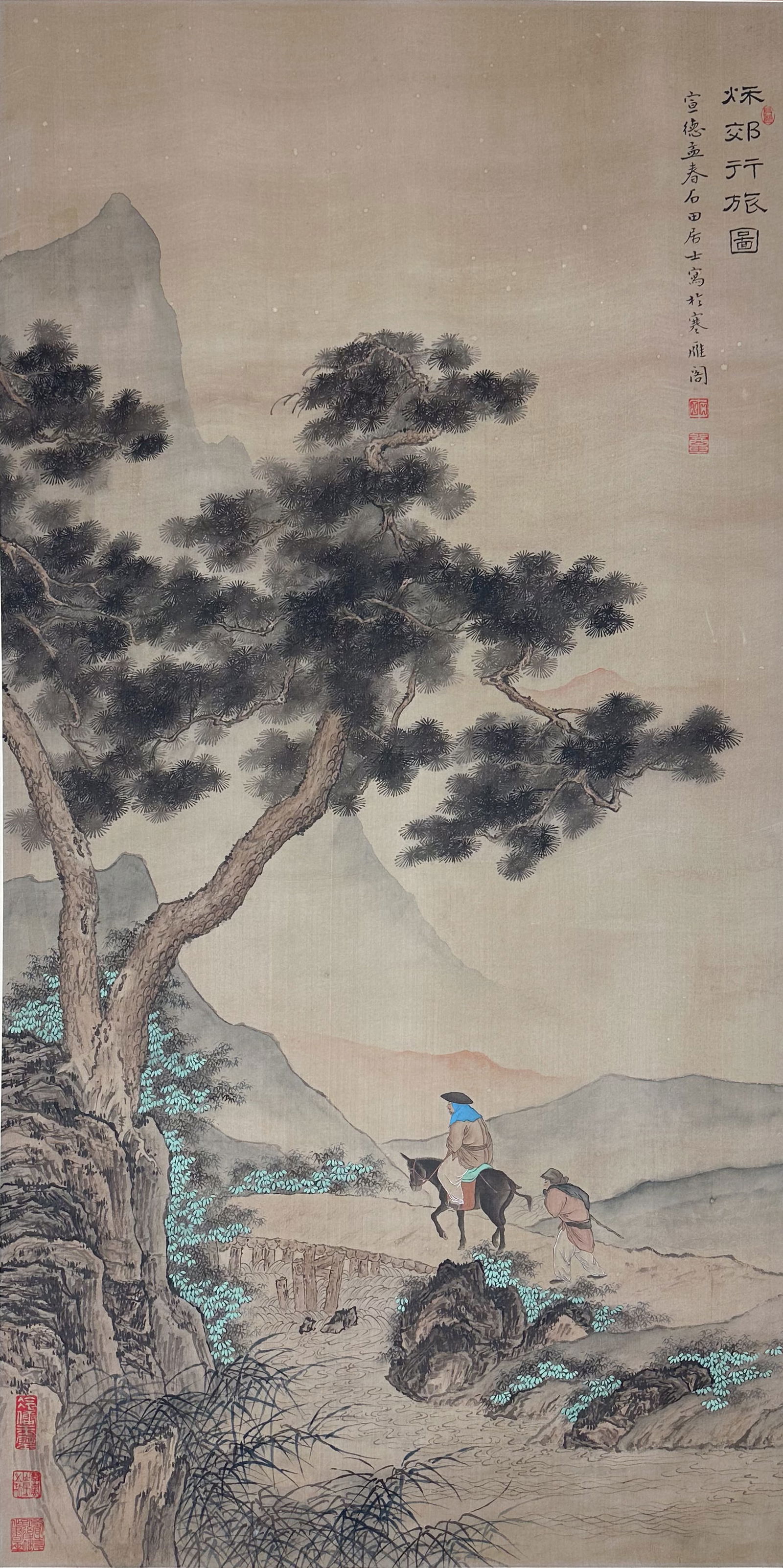 Antique Chinese Ink and Color Scroll Painting Travelling Through Mountains (1 of 11)
