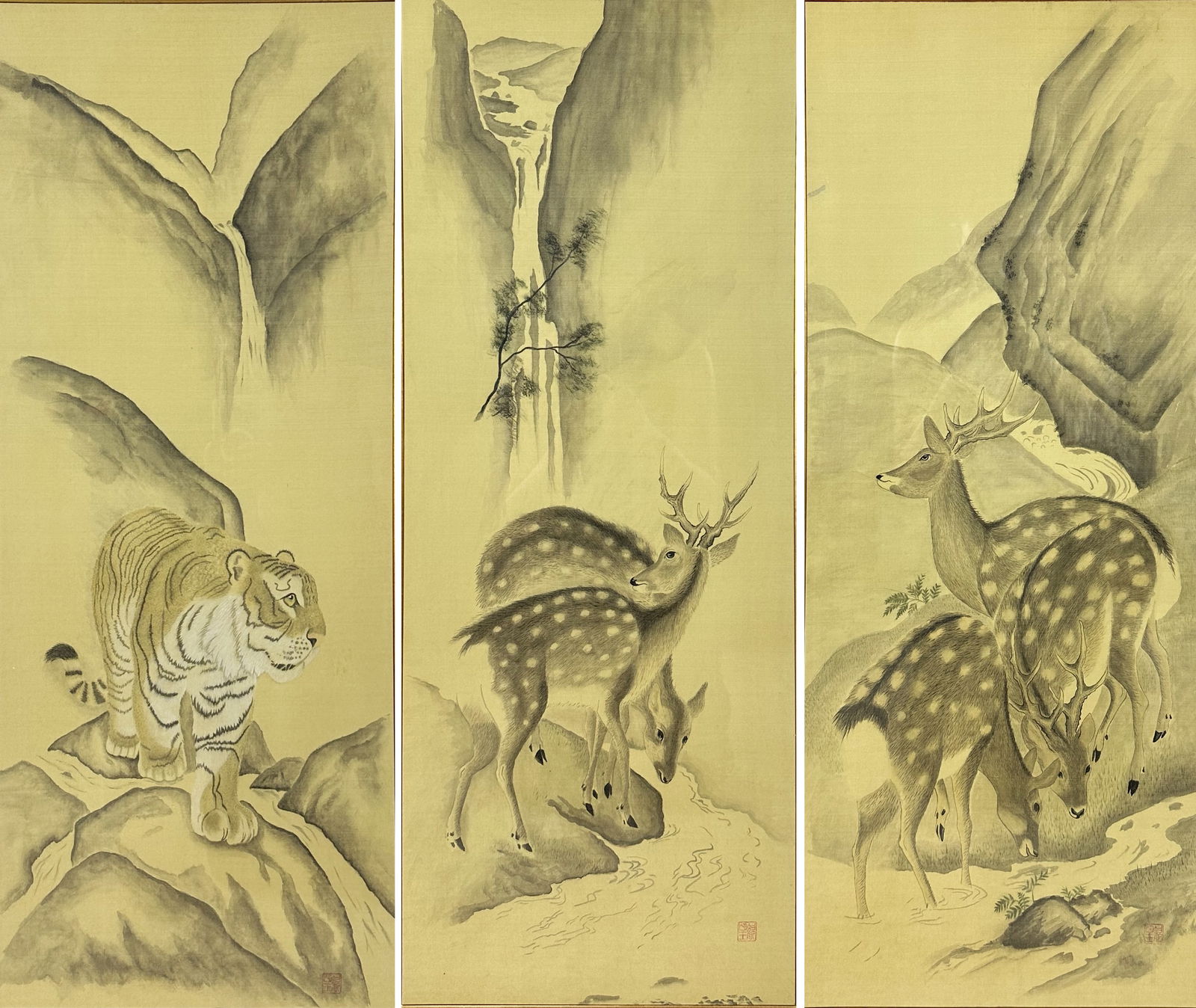Signed Chinese Deer Tiger Triptych Individually Framed Silk Paintings (1 of 14)