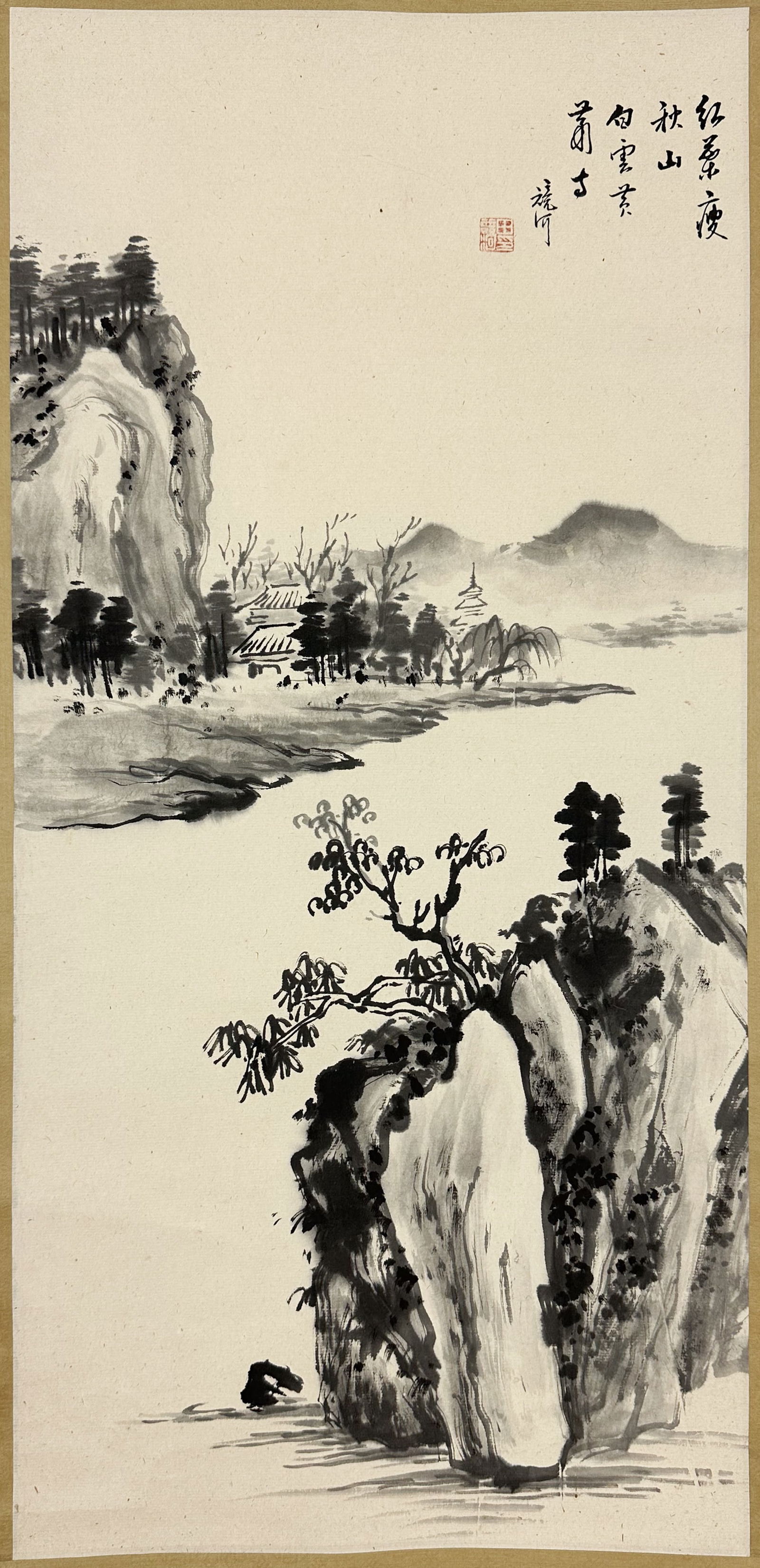 Antique Signed Chinese Landscape Silk Scroll Black and White Mountain Landscape Painting (1 of 11)