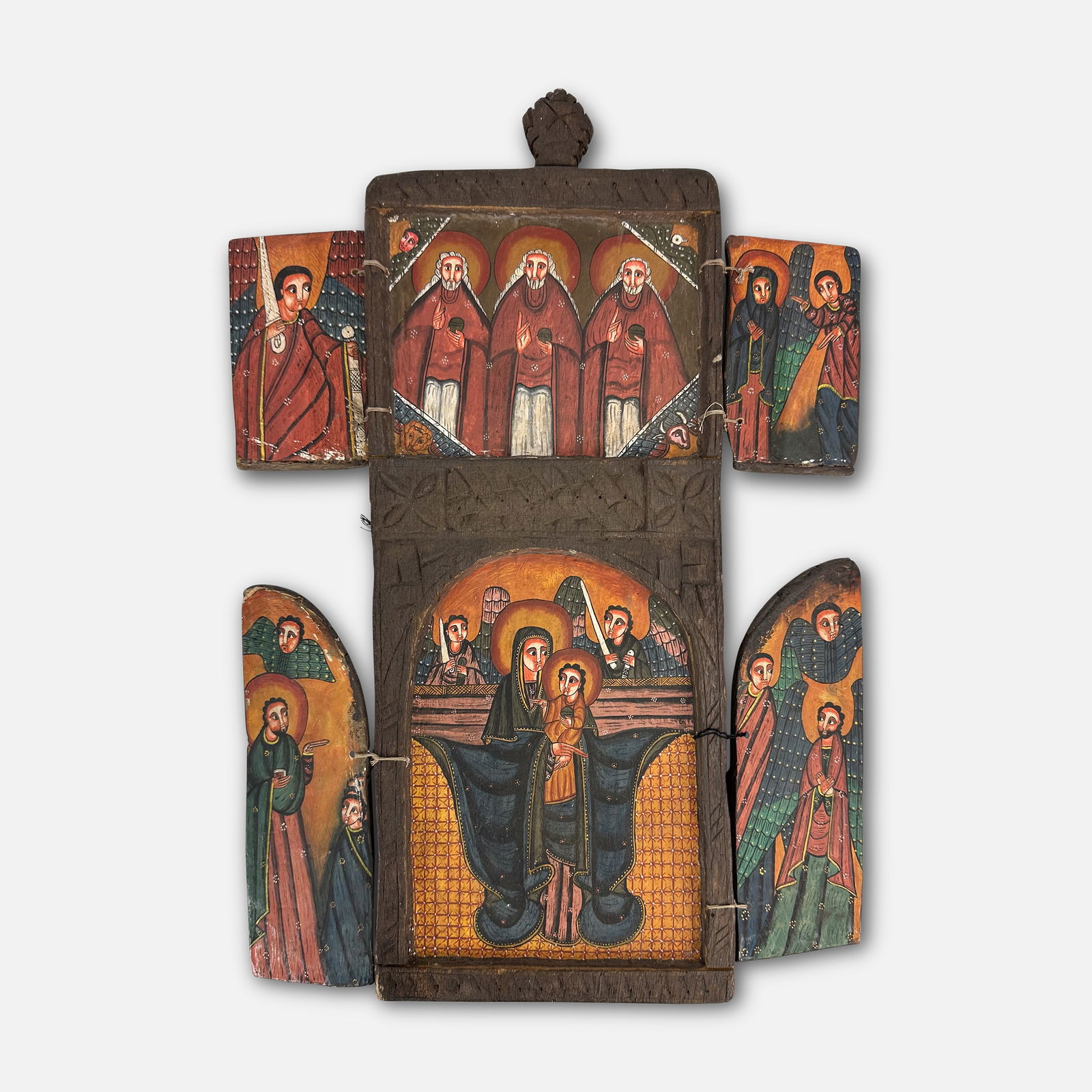 Antique Ethiopian Coptic Paint Decorated Carved Wood Folding Six Panel Icon (1 of 8)