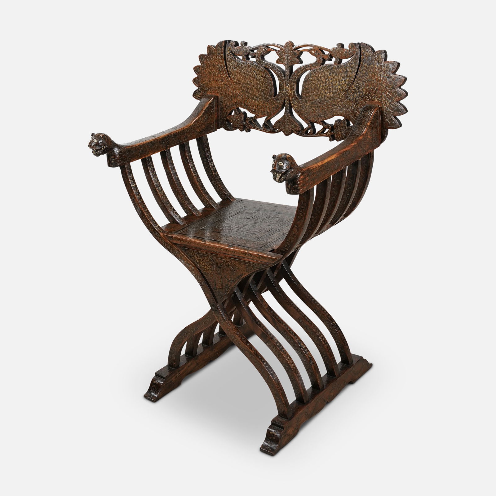 Antique Anglo-Indian Brass Inlaid Savonarola X-Frame Campaign Lion Head Armchair (1 of 13)