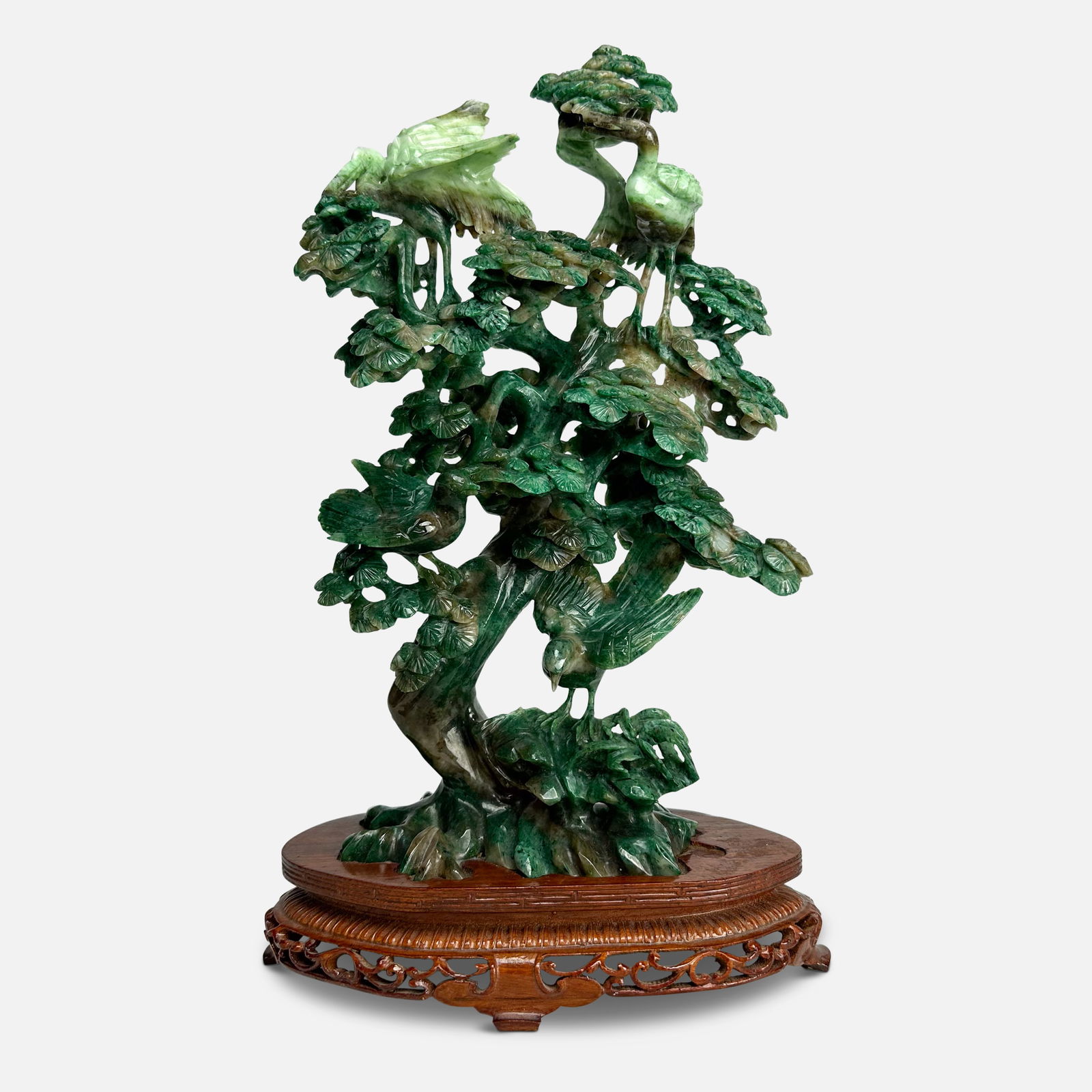 Chinese Birds in Tree Variegated Green Hardstone Carving Sculpture on Stand (1 of 8)