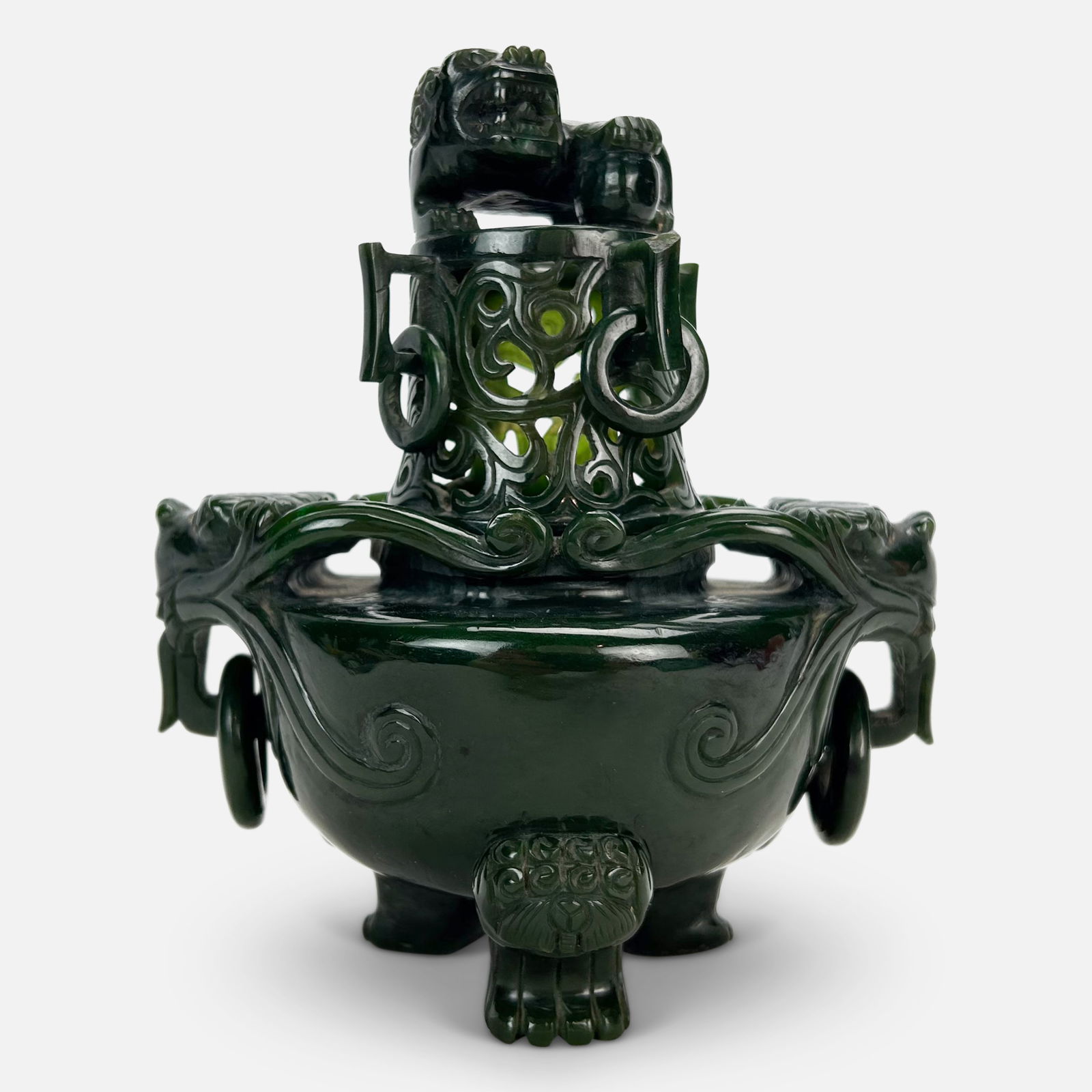 Well Carved Antique Chinese Spinach Green Jade Dragon/Fu Dog Three Legged Inscence Burner (1 of 10)