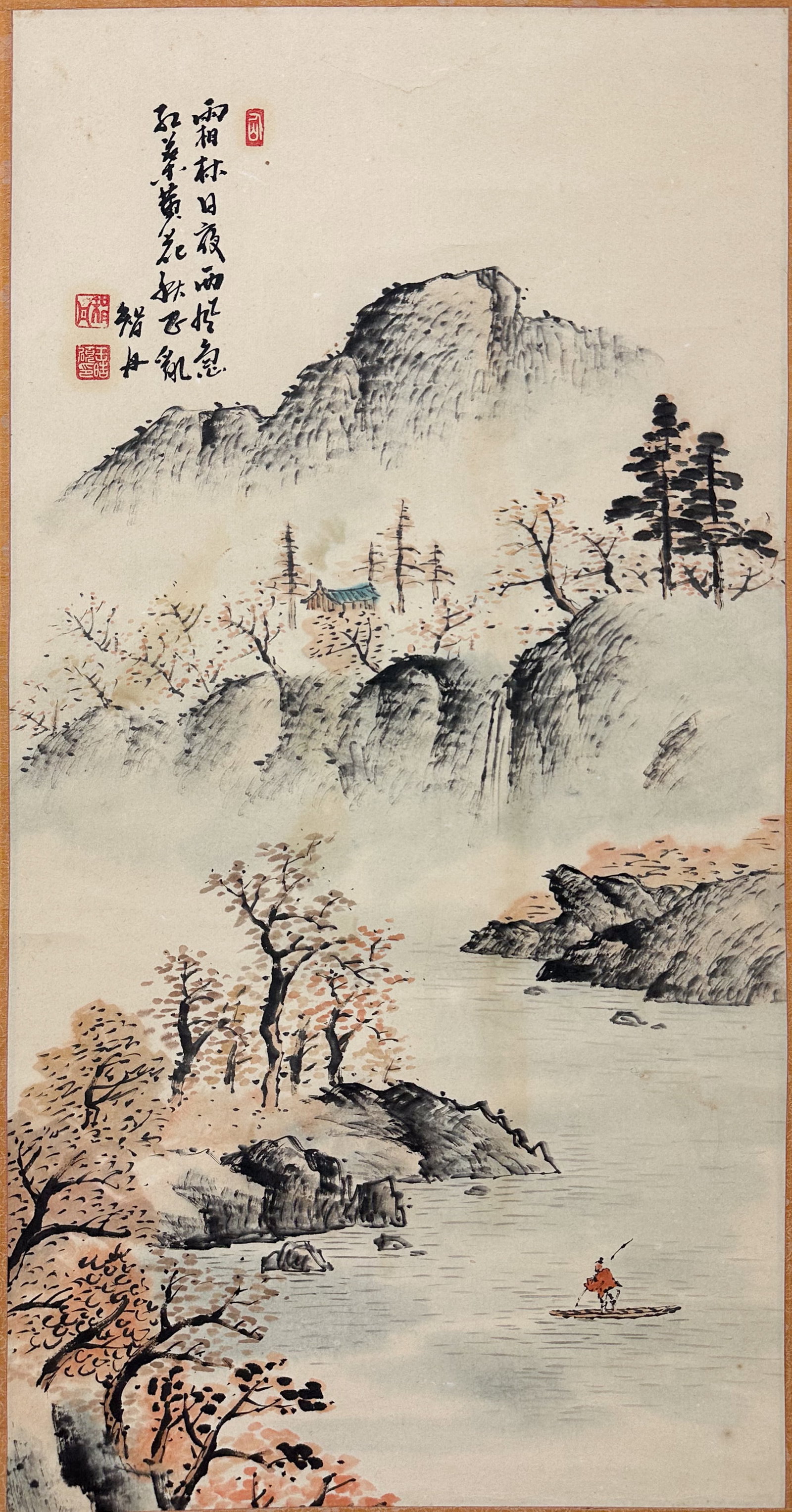 Signed Chinese Plum Blossom Landscape Ink and Color Scroll Painting: Approx. painting size 25 1/2" x 13". Good age-appropriate condition, tears to backing. We Do Not Provide In-House Shipping! Please reach out to one of our preferred shippers listed below. Donald Camde