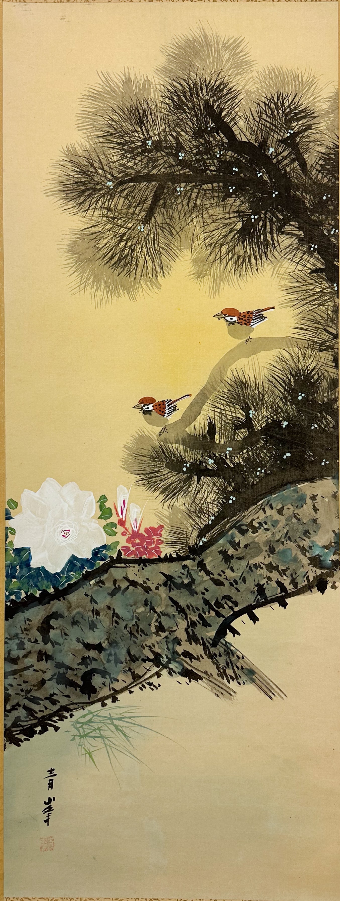 Signed Chinese Sparrows on Flowering Tree Limb Ink and Color Scroll Painting: Approx. painting size 42" x 16". Good to very good overall condition. We Do Not Provide In-House Shipping! Please reach out to one of our preferred shippers listed below. Donald Camden UPS #4608 - sto