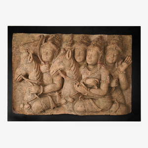 Antique Indonesian Style Carved Lintel Terra Cotta Frieze on Black Museum Plinth Mount #2