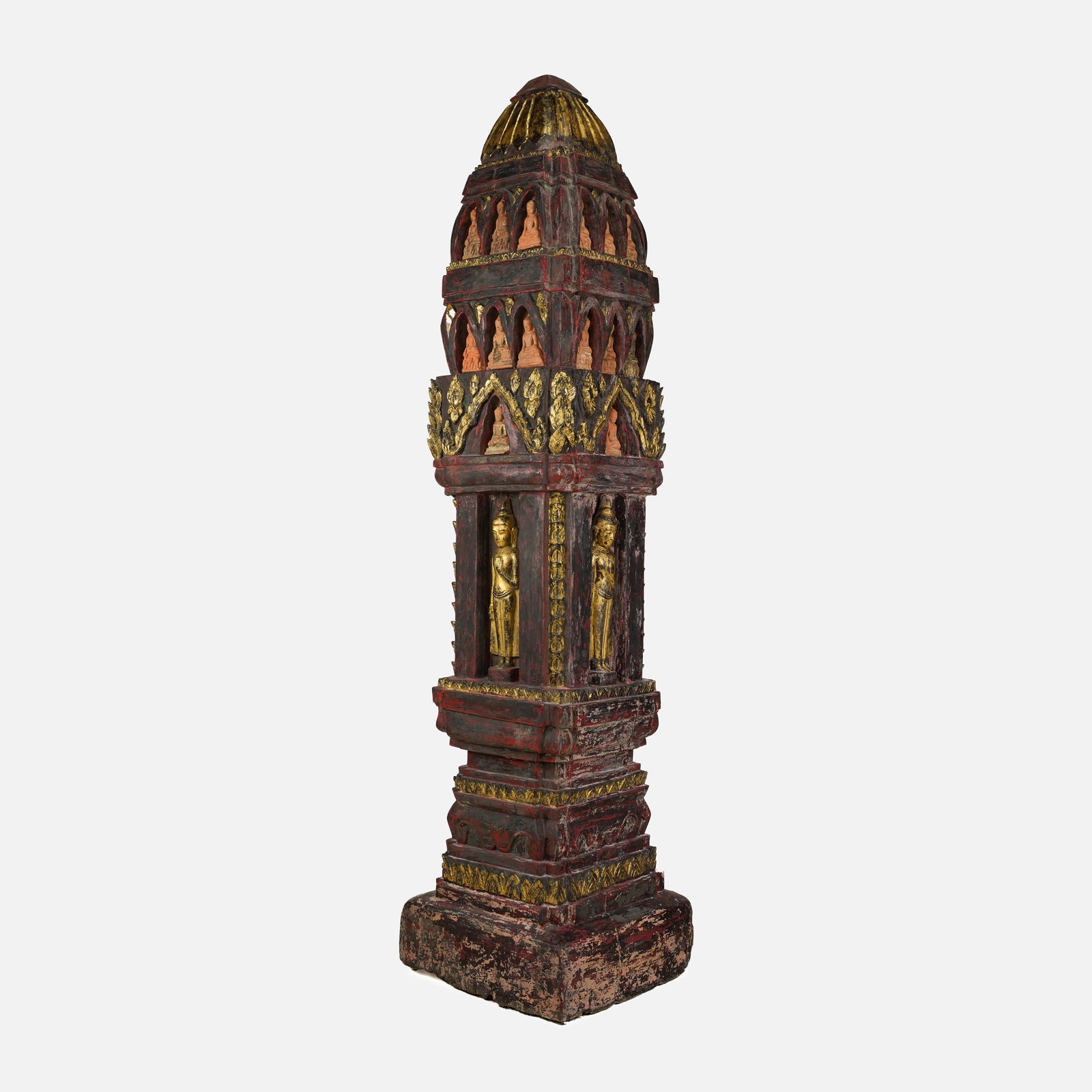 Large 5' Antique Burmese Tibetan Buddhist Lacquered and Gilded Pagoda Stupa w/Buddhas in Niches (1 of 14)