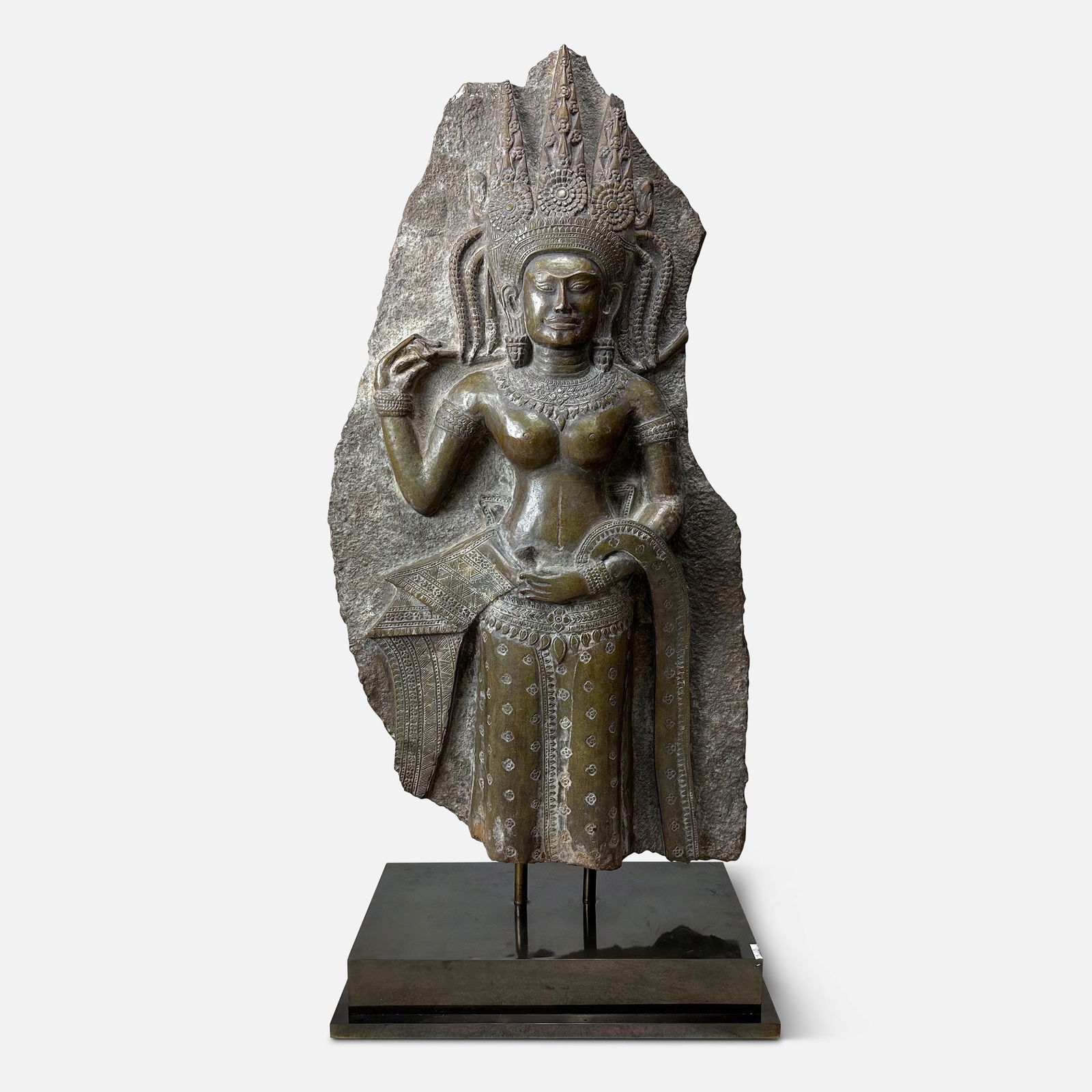 Very Large Carved and Polished Solid Stone Khmer Aspara Sculpture Fragment on Plinth Base (1 of 8)