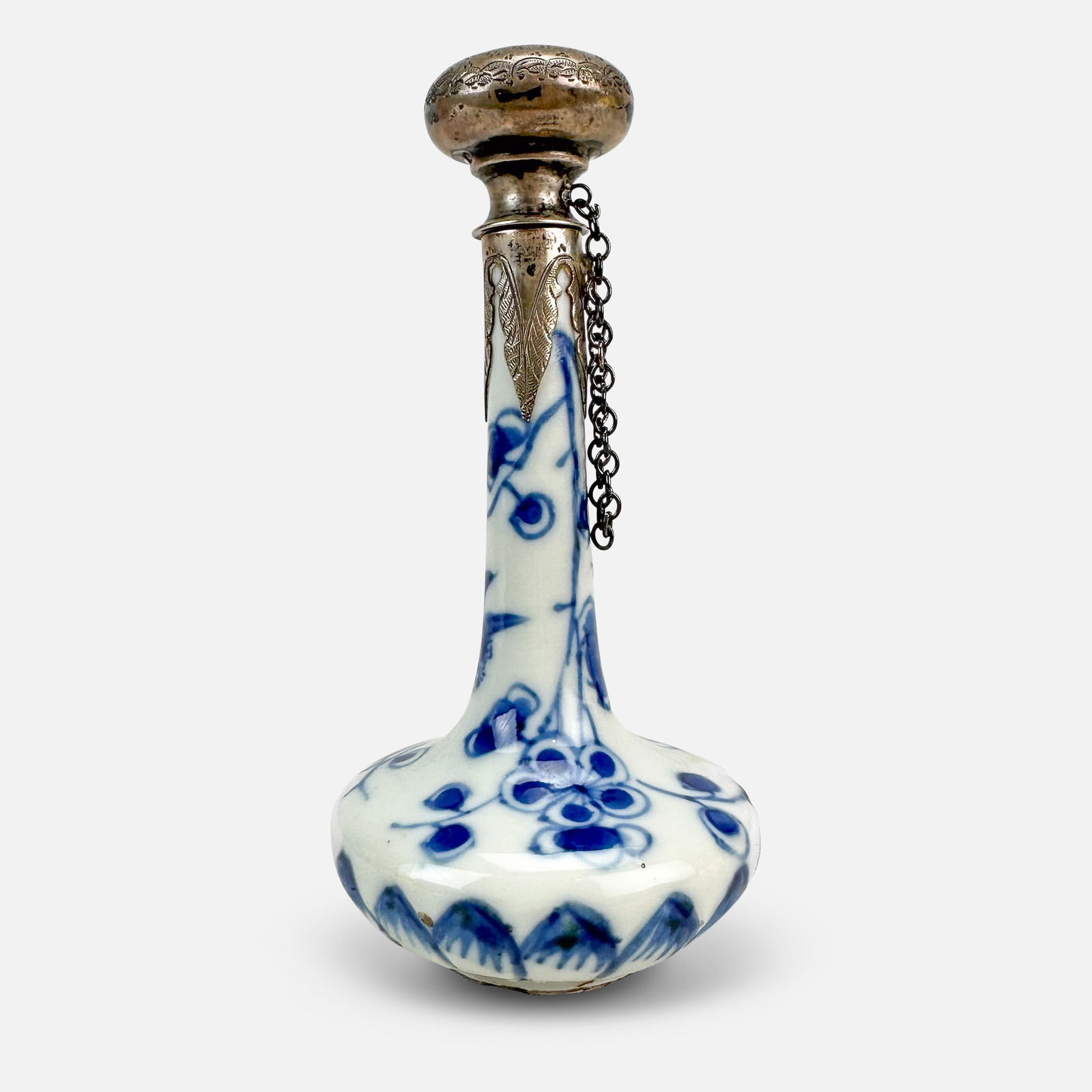 Antique Chinese Kangxi Period Porcleain Silver Mounted Vase Bottle w/Stopper (1 of 11)