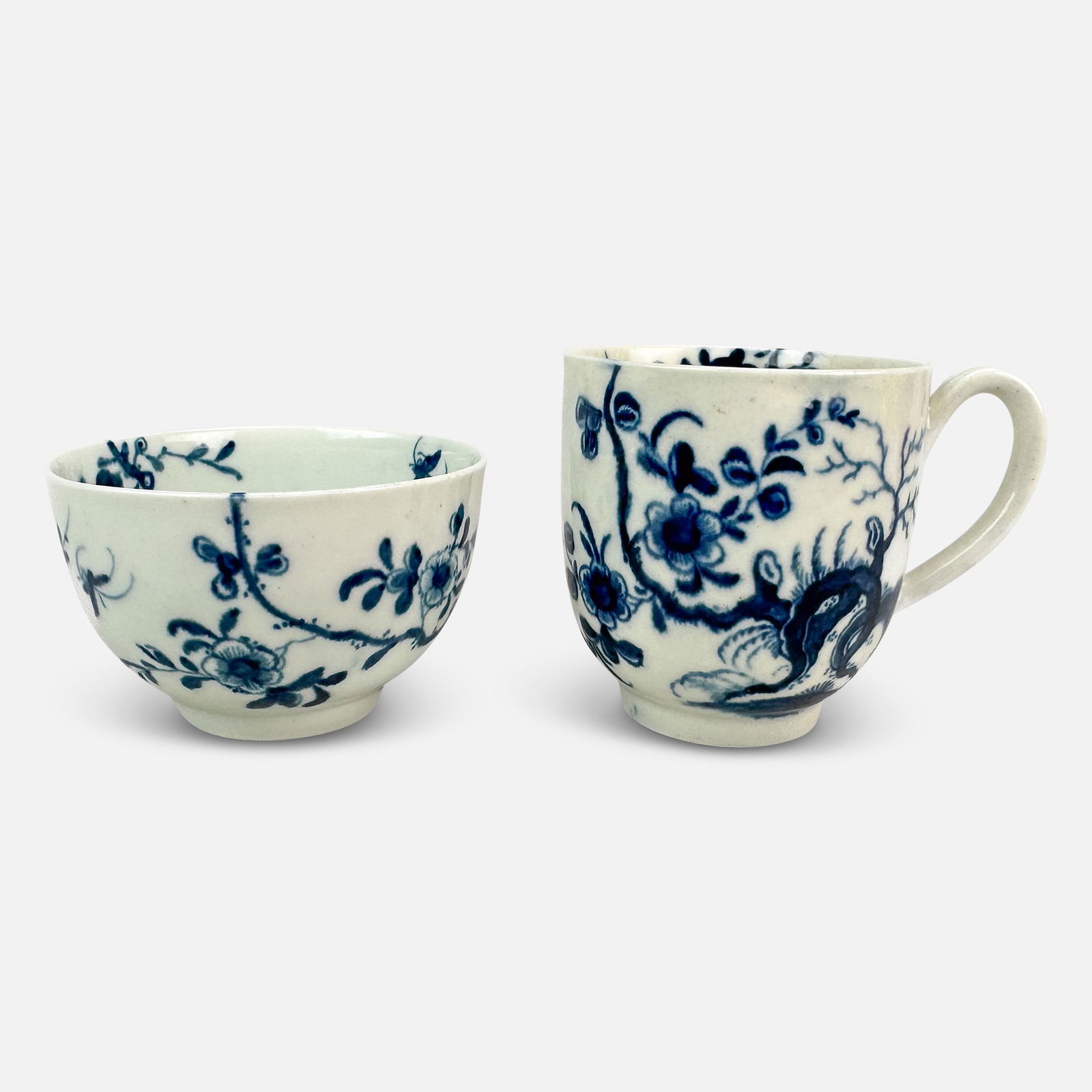 Antique 18thC Dr. Wall Worcester "Prunus Root" Blue and White Cup and Bowl w/Crescent Mark (1 of 10)