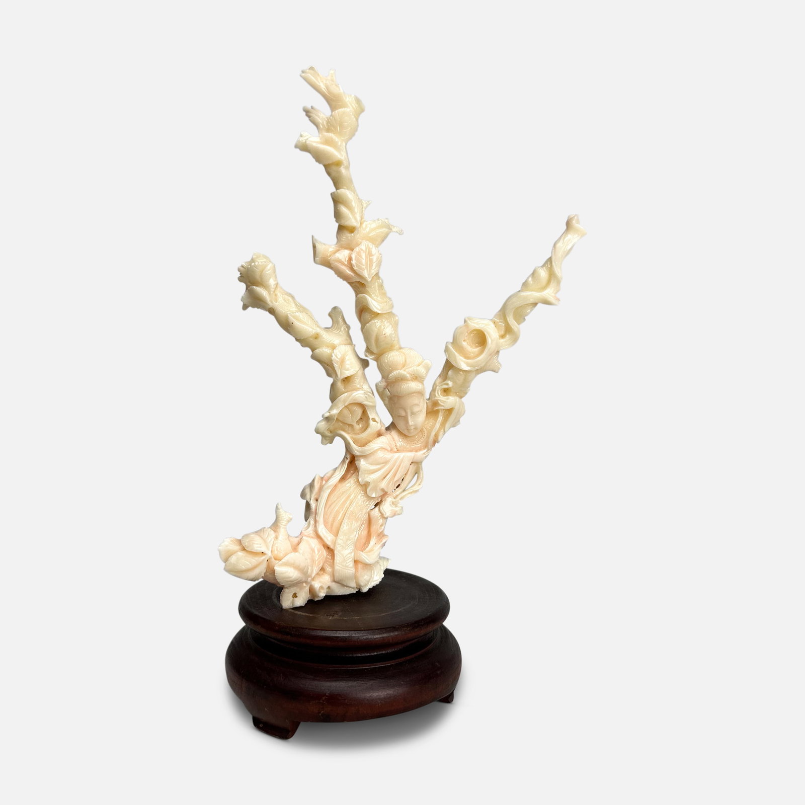 Chinese Carved Angel Skin Coral Branch w/Stand Woman in Tree: Chinese angel skin coral carving of a woman amongst a tree with stand. Appears to be free from any breaks or repairs. We Do Not Provide In-House Shipping! Please reach out to one of our preferred ship