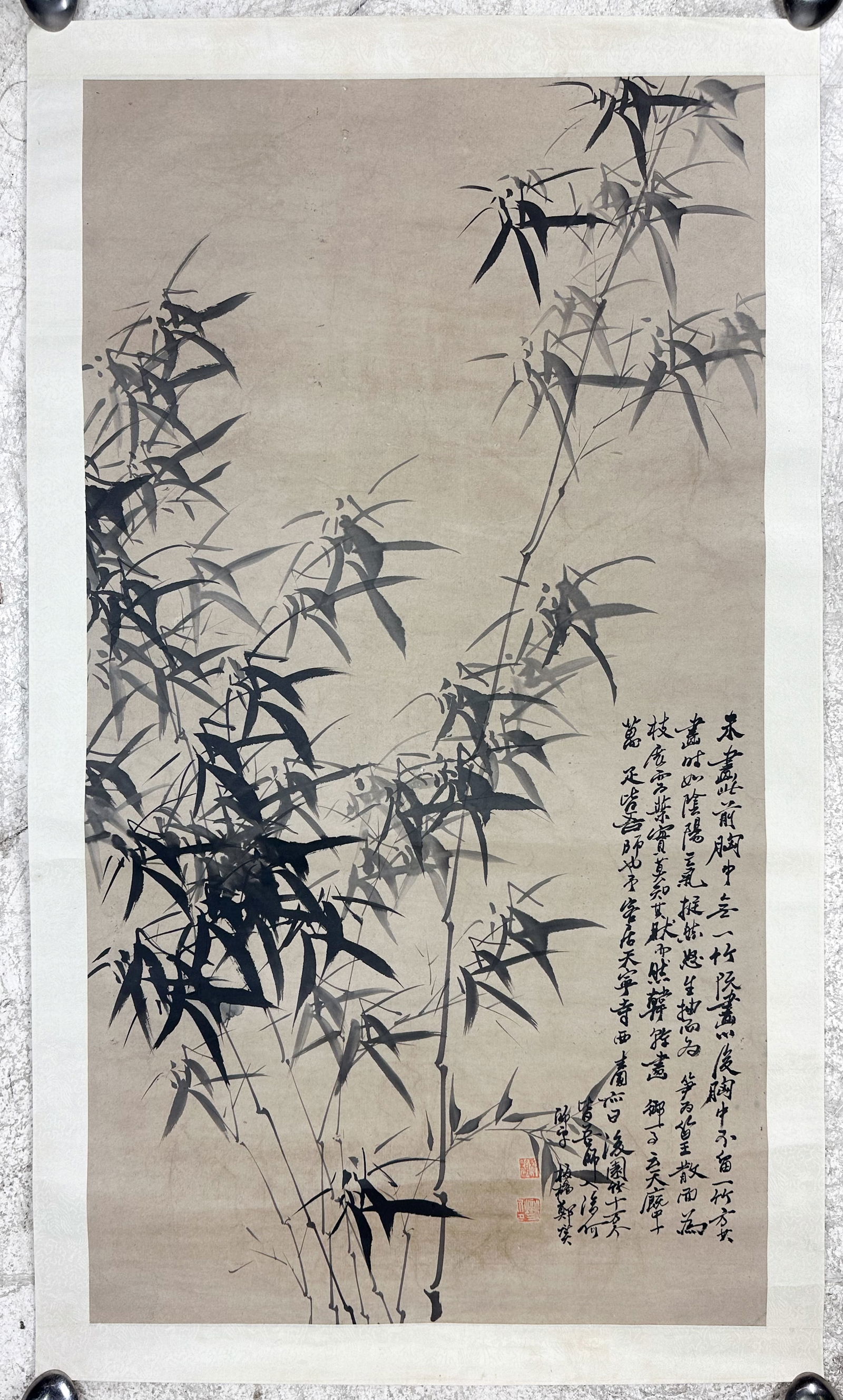 Antique Chinese Bamboo Branches Poem Hanging Scroll Painting (1 of 3)