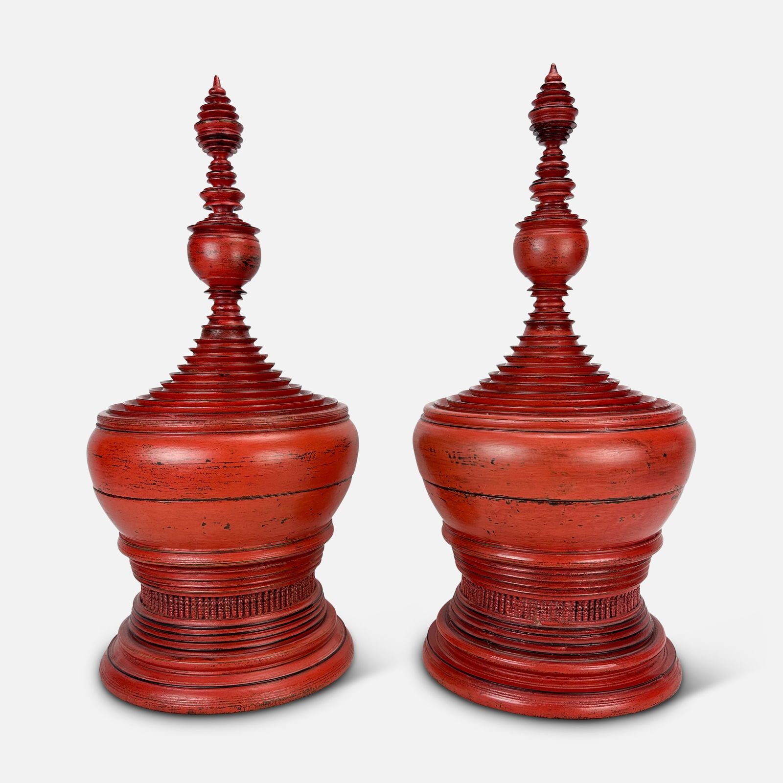 Very Large Burmese "Hsun-ok" Red Laquer Wood Offering Vessel Pair (1 of 8)