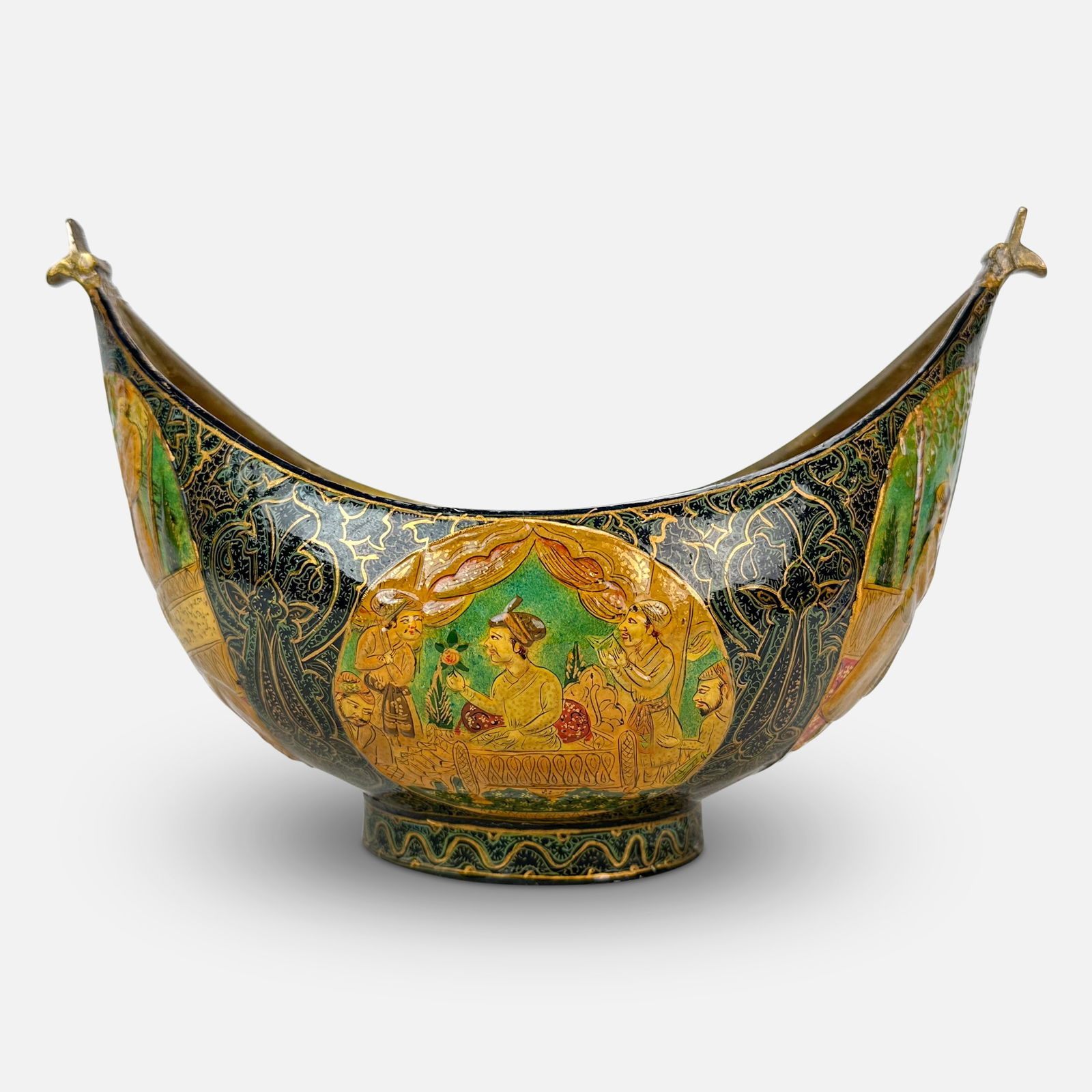 Antique Indo-Persian Lacquered Paper Mache Brass Kashkul Beggars Bowl (1 of 8)